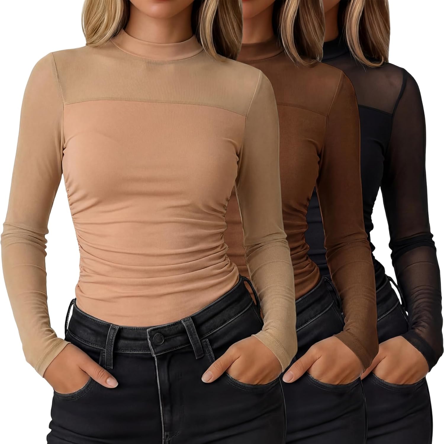 Capoda 3 Pack Women Sheer Mesh Tops Long Sleeve Mock Turtle Neck Shirts Ruched Fitted Blouse Trendy Going Out Party Clubwear