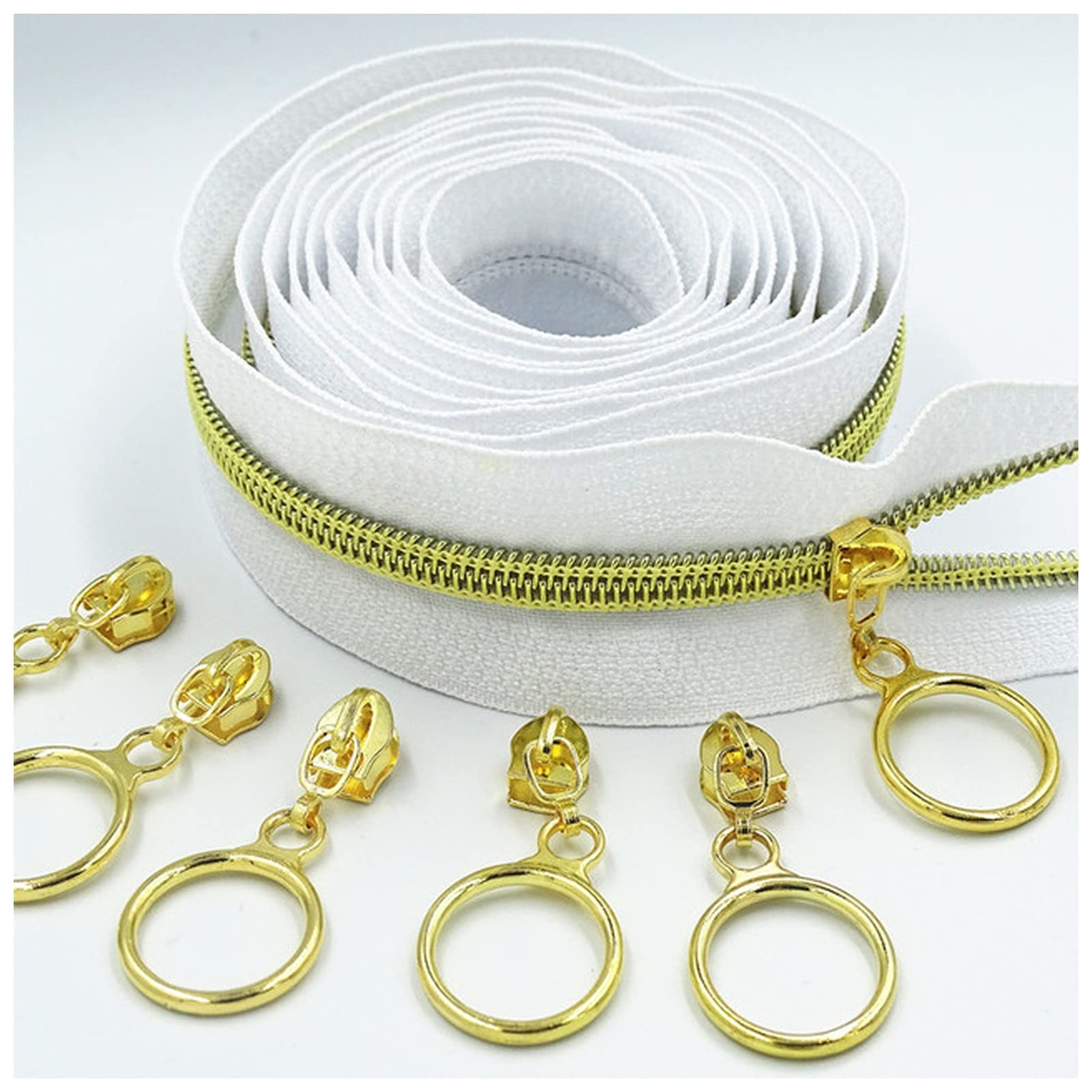 cerniera, 2 metri 4 cursore 5# dente argento dorato grande pezzo di nylon codice bobina fai da te for la casa(Gold White)