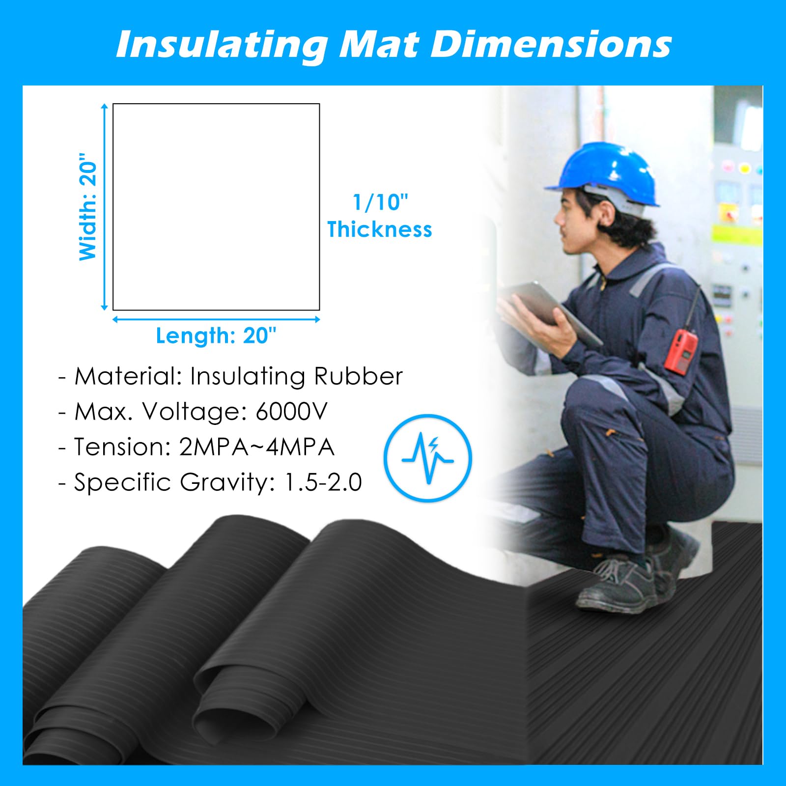 20" x 20" Electrical Safety Mat 6000V Insulated, High Voltage Insulating Rubber Floor Mats for Home Commercial Work Spaces, Large Non-Slip Switchboard Matting — Amazon image 2