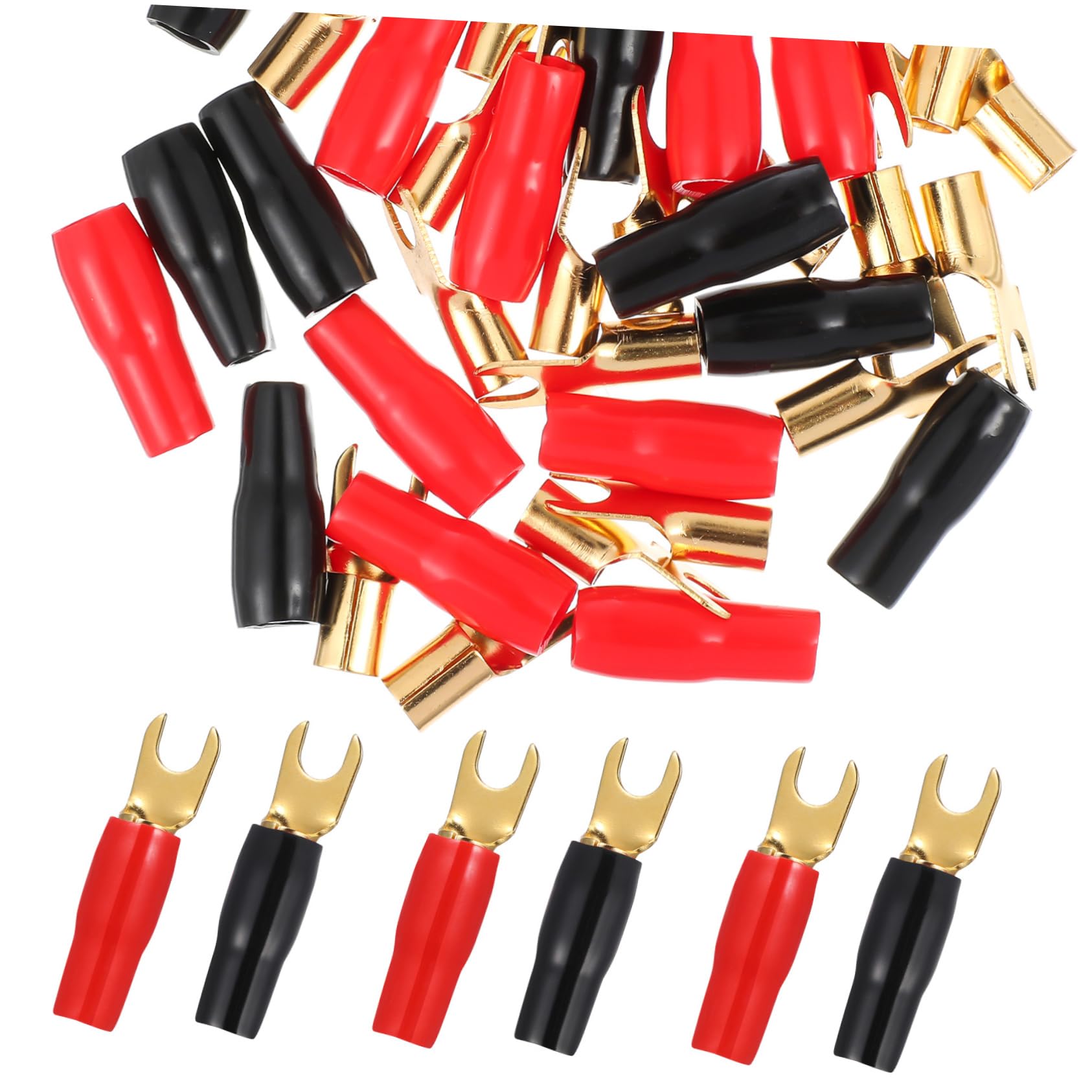 IMIKEYA 10 Pairs 8GA Copper Gold Plated Spade Terminal Fork Adapters Speaker Crimp Barrier Spades Connectors Plugs (Red and Black)