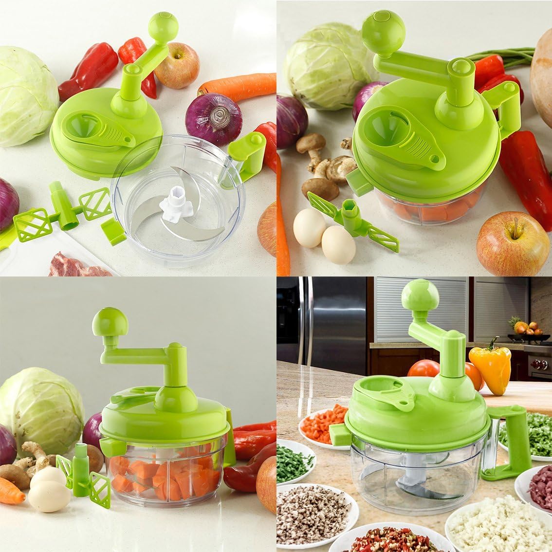 Picadora manual de alimentos, picadora de verduras de 1200 ml, trituradora de alimentos de cocina con mango y cubierta, adecuada para cebollas, ajo, pimientos, zanahorias, jengibre, frutas (verde)