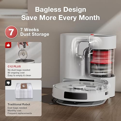 Miniatura 3 de Yeedi C12 Plus Robot Vacuum and Mop, 8000Pa Strong Suction, 7-Week Dust Storage, Bagless Dust Bin, PureCyclone Tech, ZeroTangle Brush, White