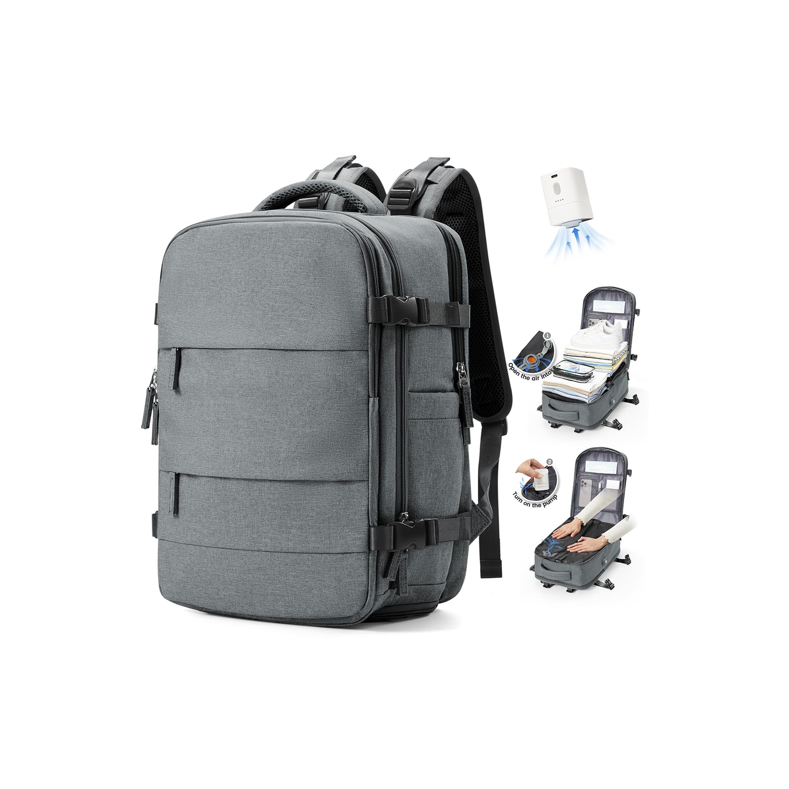 SZLX Großer Reiserucksack Damen,Vakuum Rucksack mit Pumpe Ryanair Handgepäck 40x30x20 Herren, Wizzair Handgepäck 40x30x20 Wasserdichter Tagesrucksack Fit 14 Zoll Laptop mit Schuhfach und Laptopfach