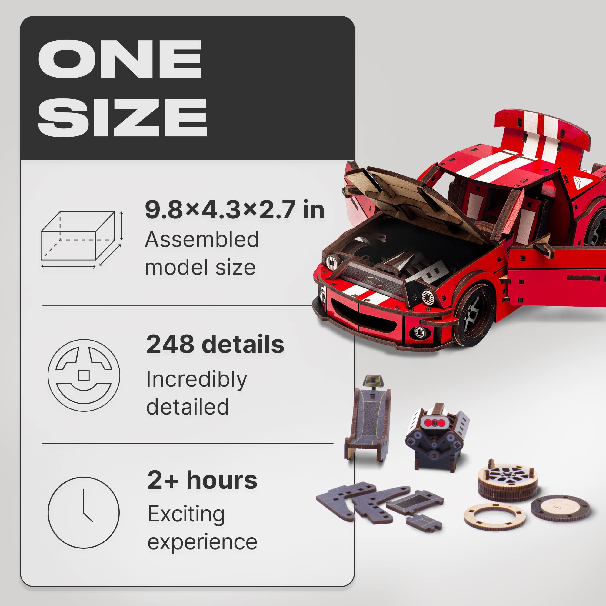 UNIDRAGON Original Wooden Jigsaw Puzzles for Adults Unimodels Stallion GT Red 248 Pieces, Assembled Car Model, Gift Box, Shaped Pieces, Wooden Puzzles for Adults