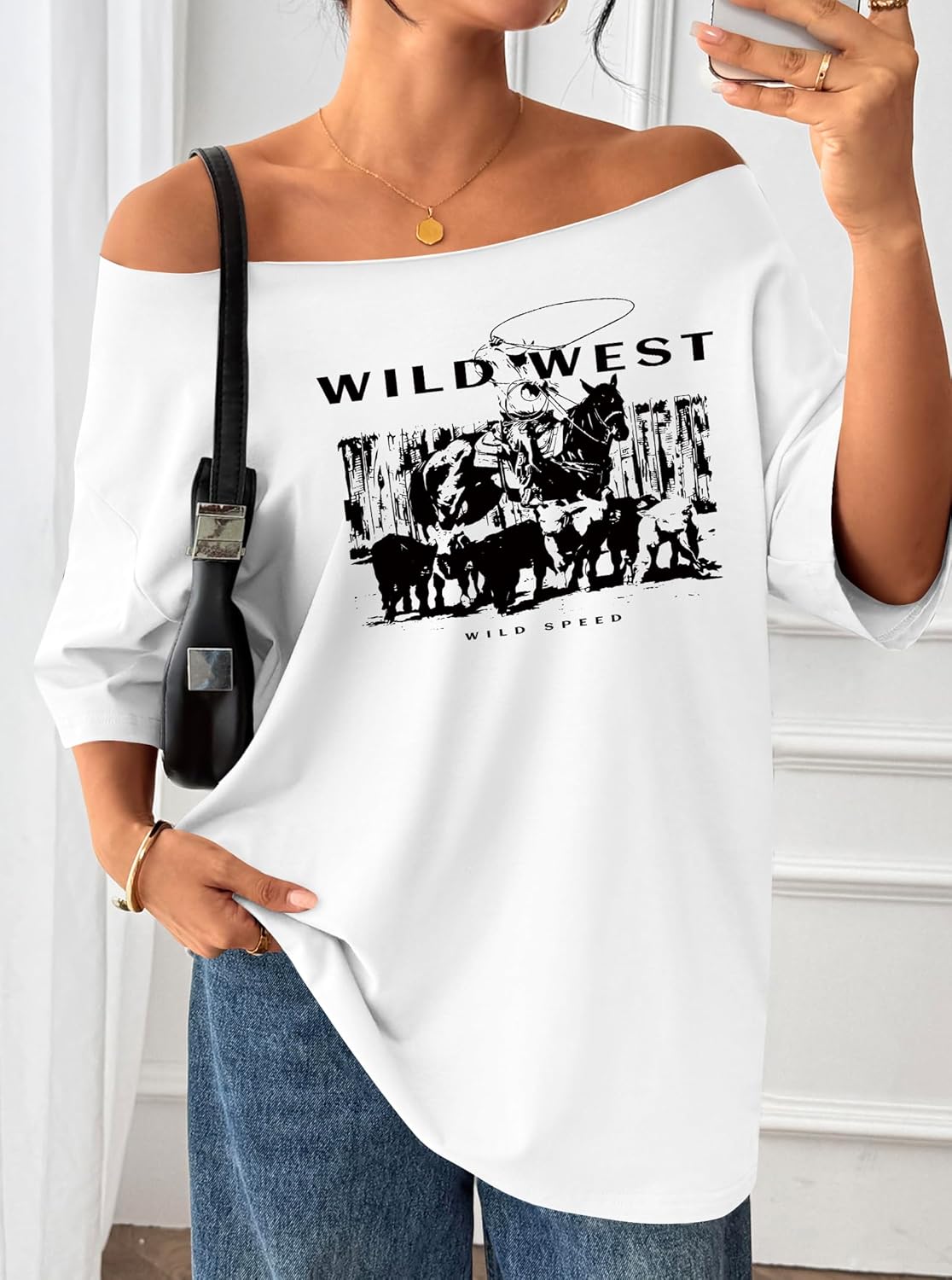 Remidoo Women's Oversized T Shirt Off The Shoulder Tops Short Sleeve Shirts Graphic Tees - Image 4