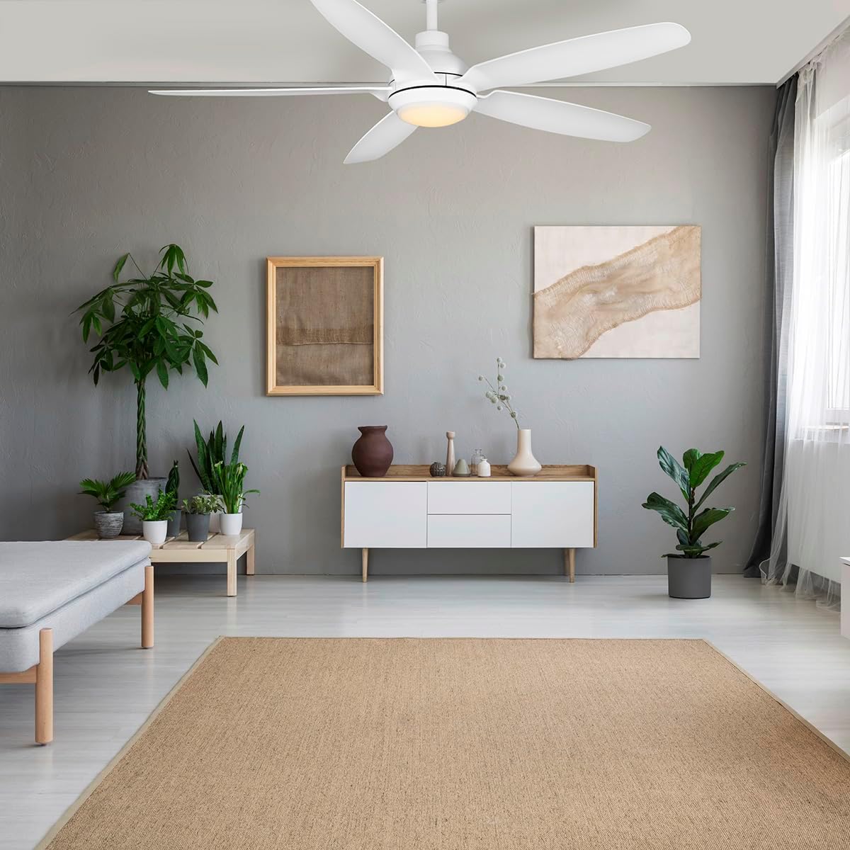 kathy ireland HOME 52" Yonas Ceiling Fans with Lights & Remote, Coastal Rated Indoor/Outdoor, Energy-Efficient 6-Speed DC Motor, Dimmable LED, Modern Design, Matte White KICF58316