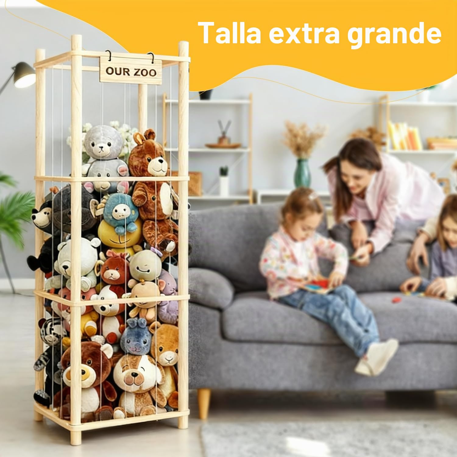 Almacenamiento de animales de peluche de madera, estante de almacenamiento de juguetes de peluche 136 x 40 x 40 cm, organizador de juguetes de peluche para sala de juegos, habitación de los