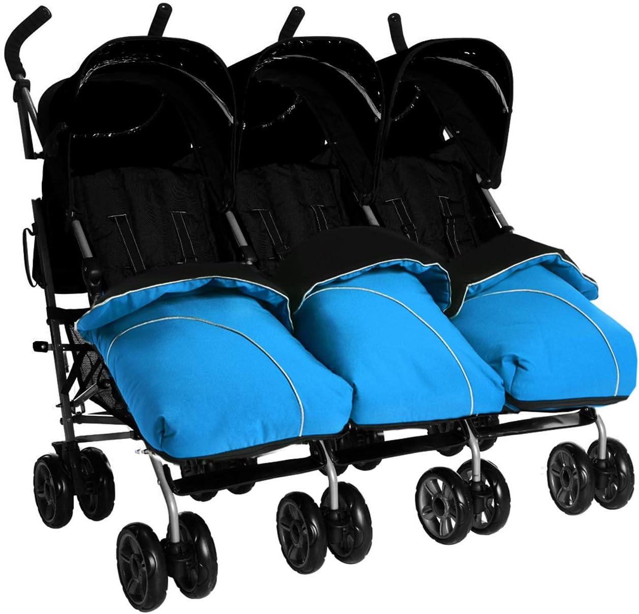 Kids Kargo Triple Pushchair with Raincover & Safety Strap Reflector Strips. Includes 3 Teal Footmuffs