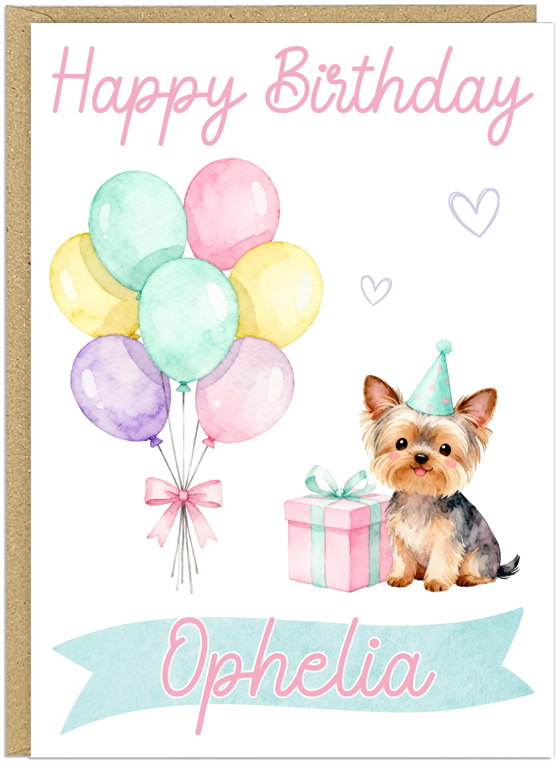 Personalised Happy Birthday Dog Breed Card - Custom Add Own Name Cute Puppy Dog Breed Design - Fun Pastel Puppy Birthday Greeting Cards for Girls Kids Teens Granddaughter (Yorkshire Terrier)