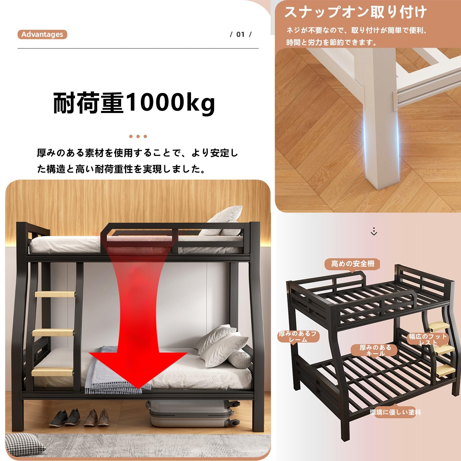 Amazon｜NEONMAN 二段ベッド 大人用 ロフトベッド 2段ベッド 頑丈
