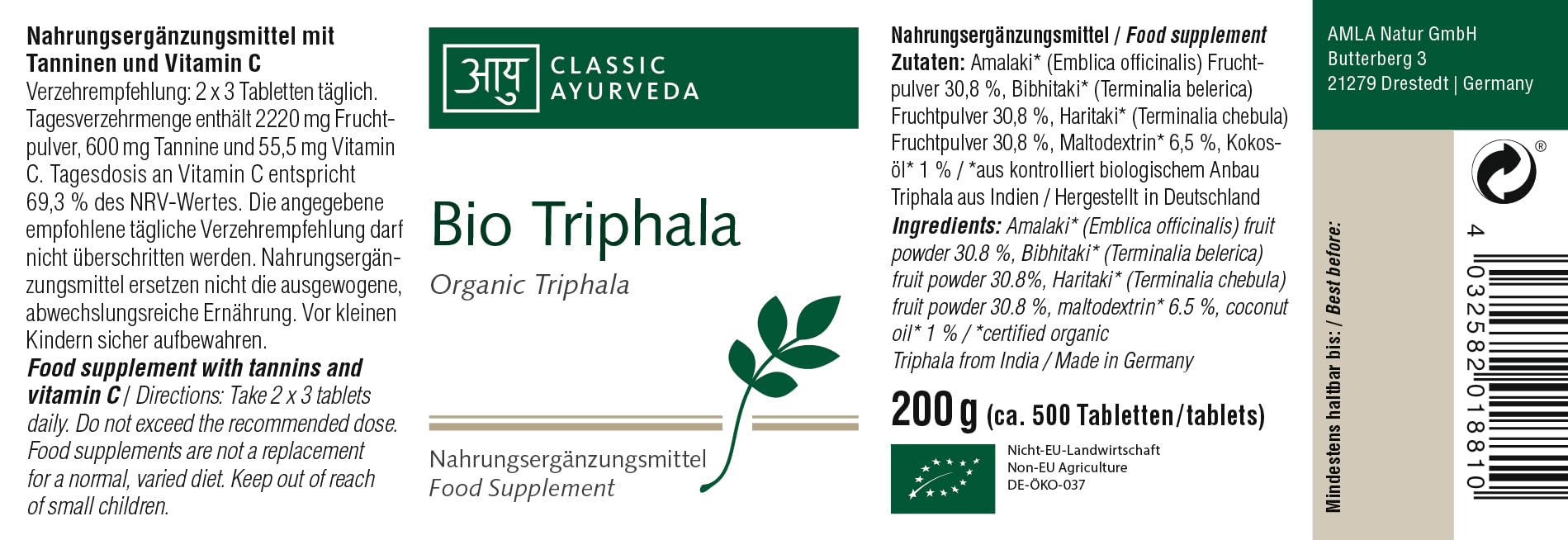Classic Ayurveda - Bio Triphala Presslinge, 1er Pack (1 x 200g; ca. 500 Tabletten) - BIO