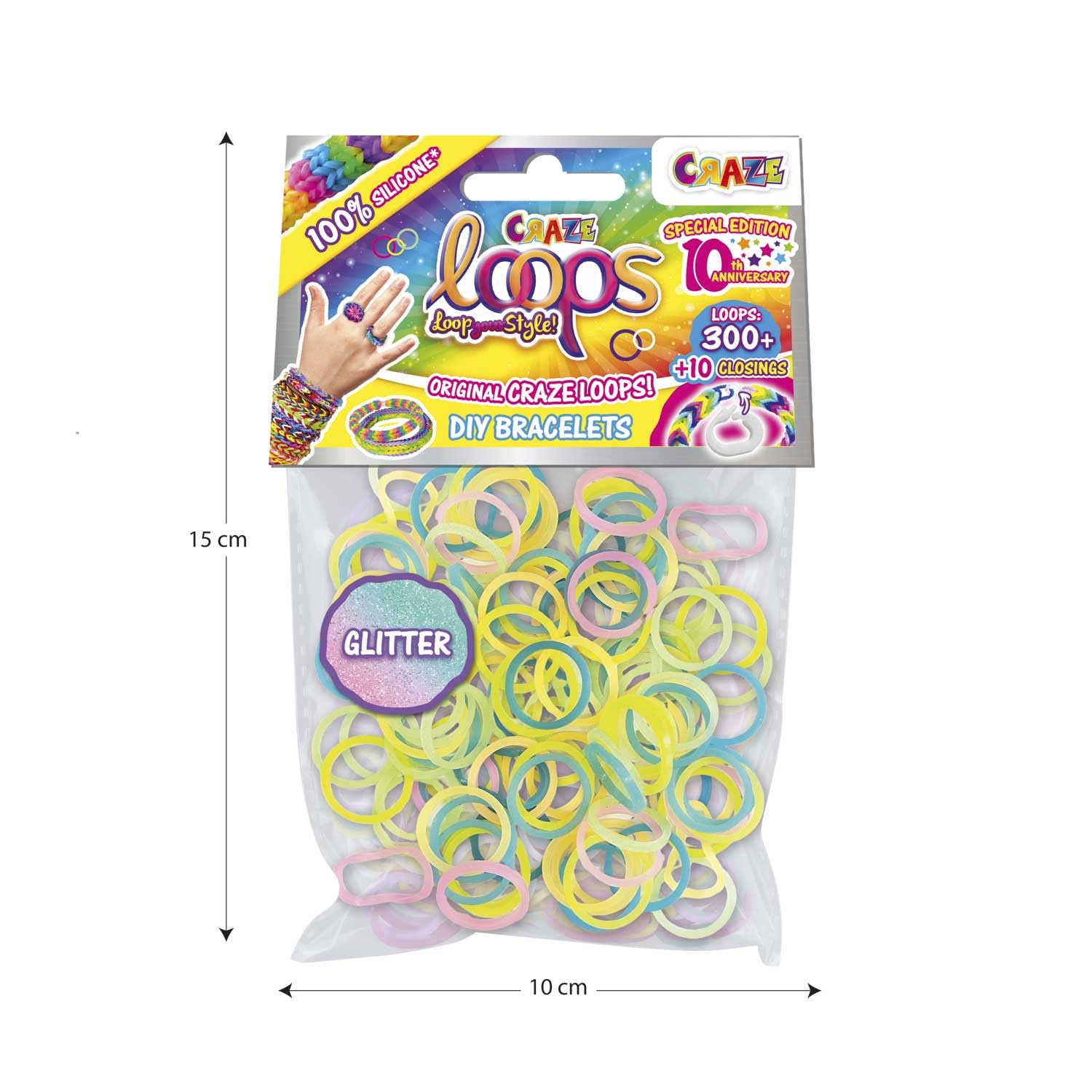 CRAZE loops BAG 300 - Loom zestaw uzupełniający 300 gumek i 10 zapięć, mieszanka kolorów, 100% przyjazny dla skóry silikon