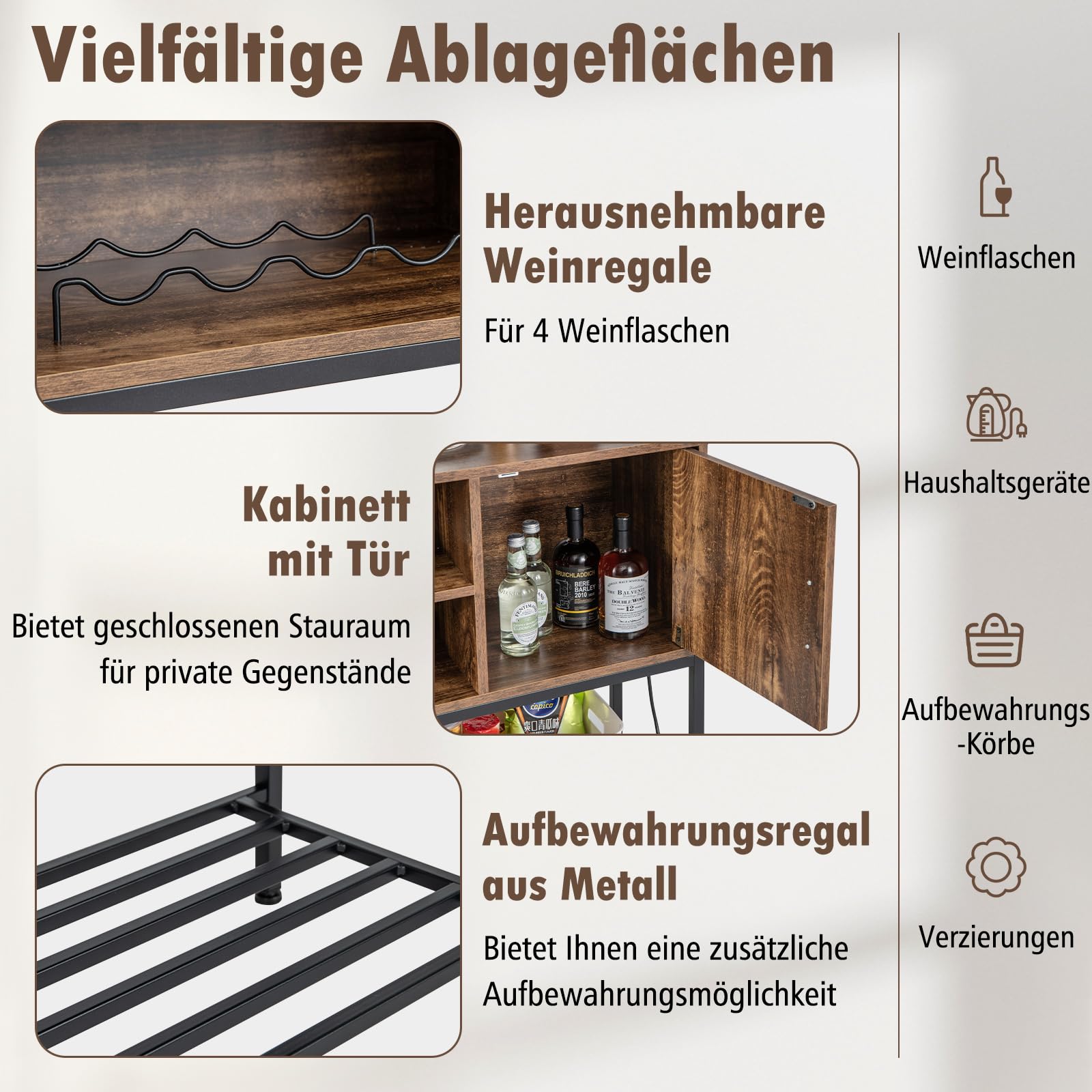 COSTWAY Sideboard mit Weinregal & Metallablage, Küchenschrank aus Holz, Weinschrank 35 x 100 x 83 cm, Konsolentisch Buffetschrank für Esszimmer, Wohnzimmer, Flur, Eingang (Braun)