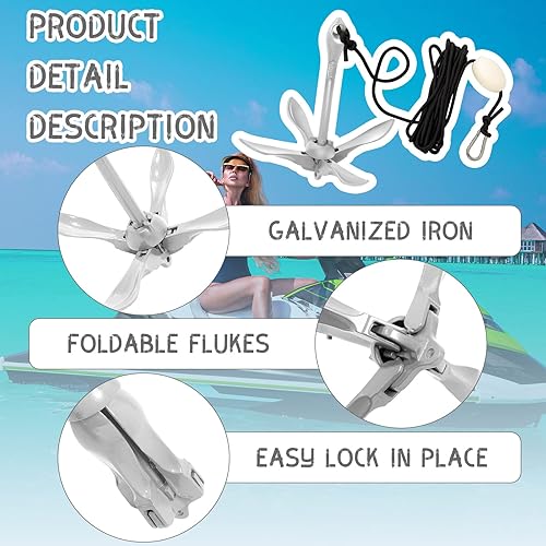 Miniatura 5 de Lounsweer Paquete de 2 anclajes para kayak marino, kit de anclaje plegable de 3.3 libras, anclaje de barco, kayak, accesorios de pesca para barcos