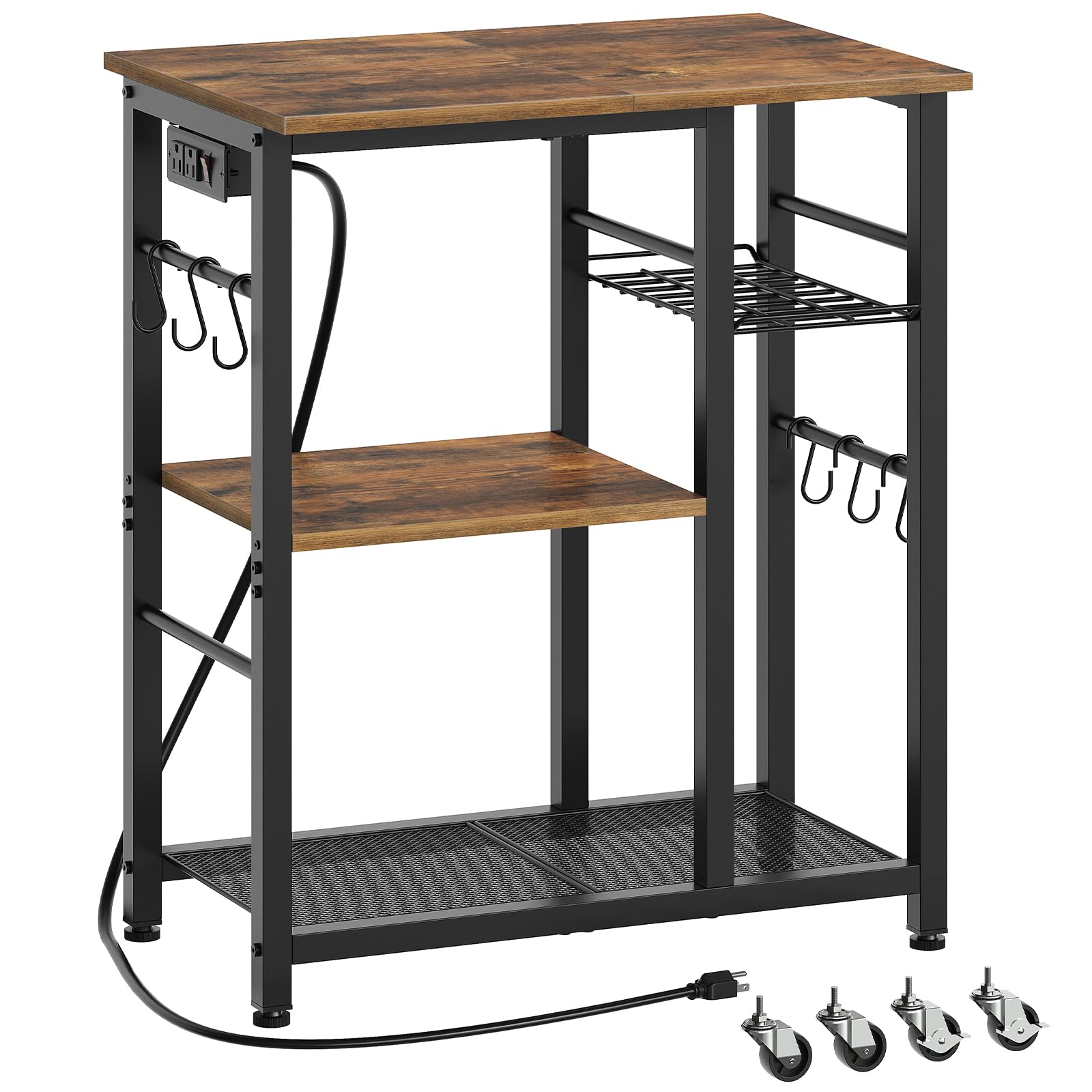 YATINEY Movable Bakers Rack, Microwave Stand with Charging Station, Kitchen Storage Rack with Hooks and Basket, Casters and Adjustable Feet, for Small