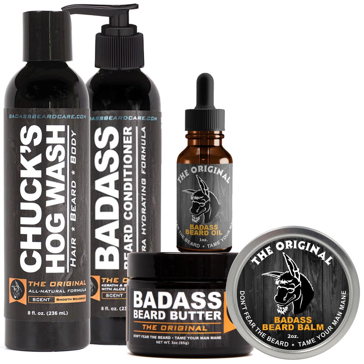 Badass Beard Care Complete Beard Care Kit - 5 Full Size Essentials - Includes Beard Oil, Beard Balm, Beard Butter, Wash and Conditioner - Promotes Fuller & Thicker Beard Growth (The Original)