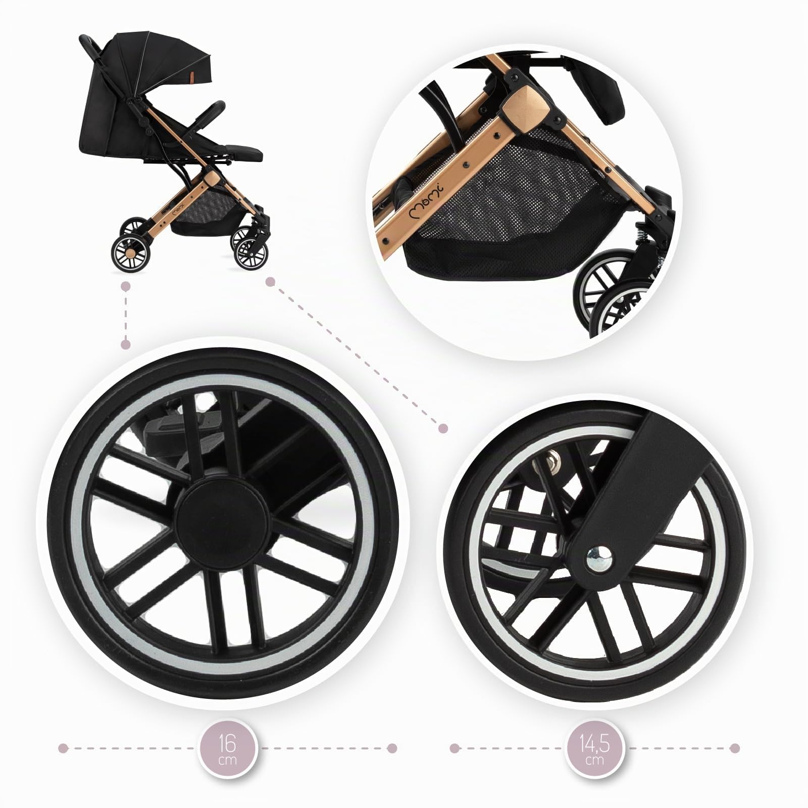 MoMi ESTELLE Poussette compacte légère et pliable dès 6 mois jusqu'à 15 kg, dossier inclinable, repose-pieds réglable, roues amorties, grand panier, harnais 5 points