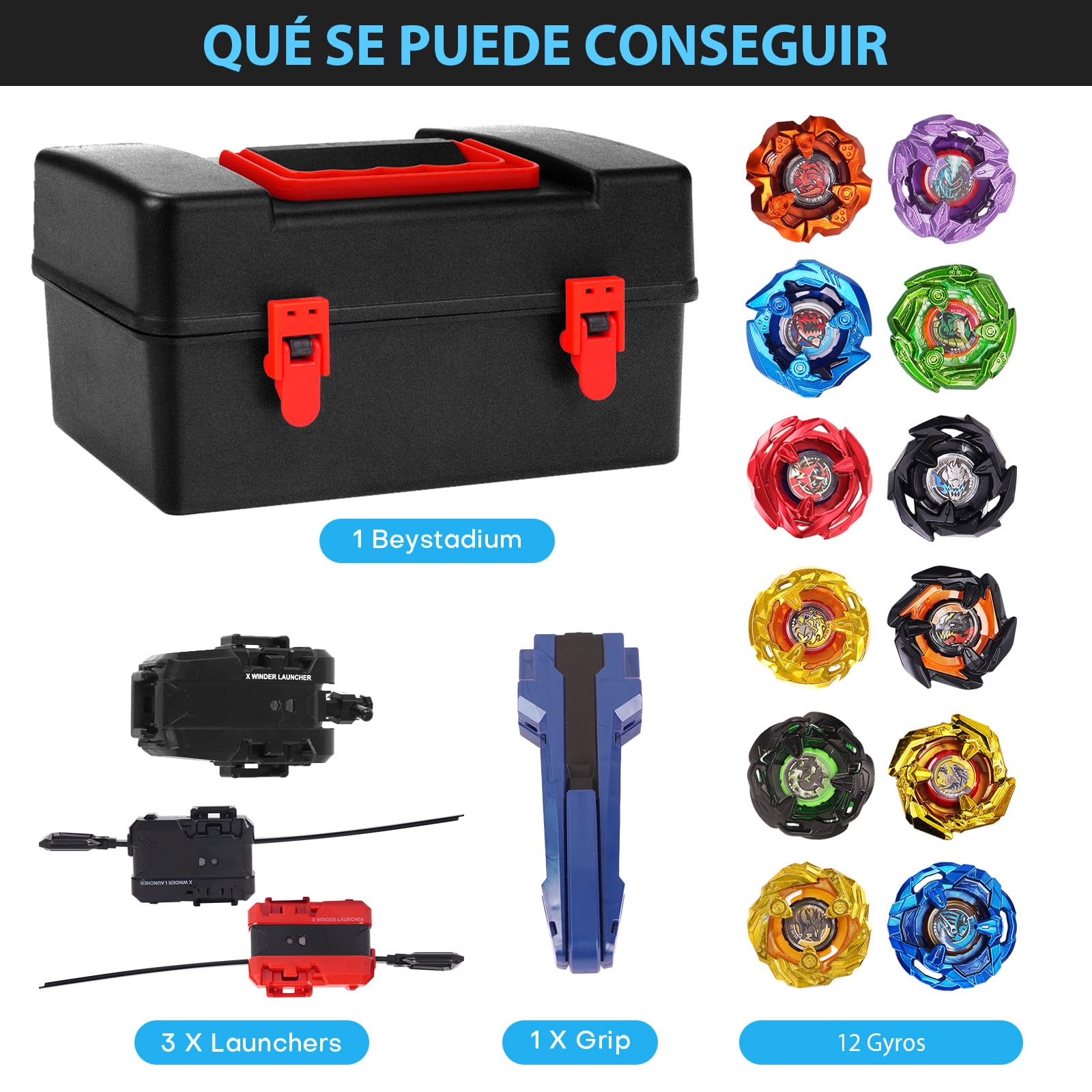 DEZAWRTY Set de Batalla X – 12 Peonzas Giratorias, 3 Lanzadores y 1 Empuñadura con Caja de Almacenaje, Juguete Cumpleaños para Niños 6+ Años (X1)