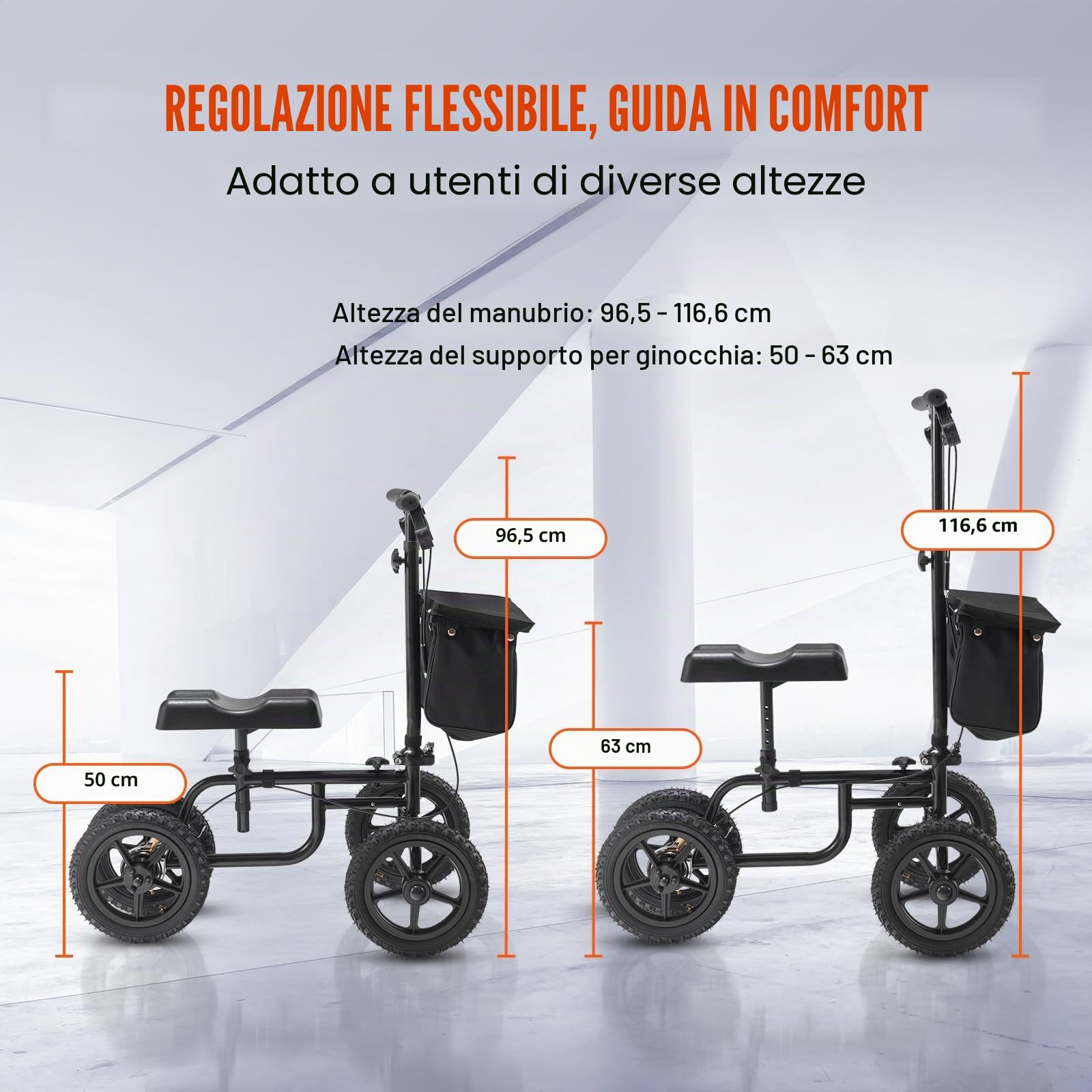 VEVOR Monopattino Pieghevole per Ginocchio Carico160 kg Ginocchia Girevole Acciaio al Carbonio con Manubrio, Regolabili Altezza, Ruota da 30,48 cm per Tutti i Terreni, Ginocchio Caviglia Infortunata