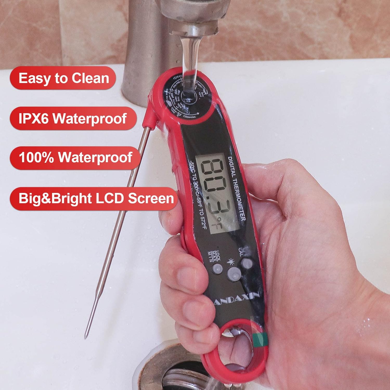 review ANDAXIN Instant Read Meat Thermometer for Grill and Cooking, Waterproof Ultra-Fast Thermometer with Backlight & Calibration, Digital Food Thermometer for Cooking, Deep Fry, BBQ, Grill, Candy and Roast