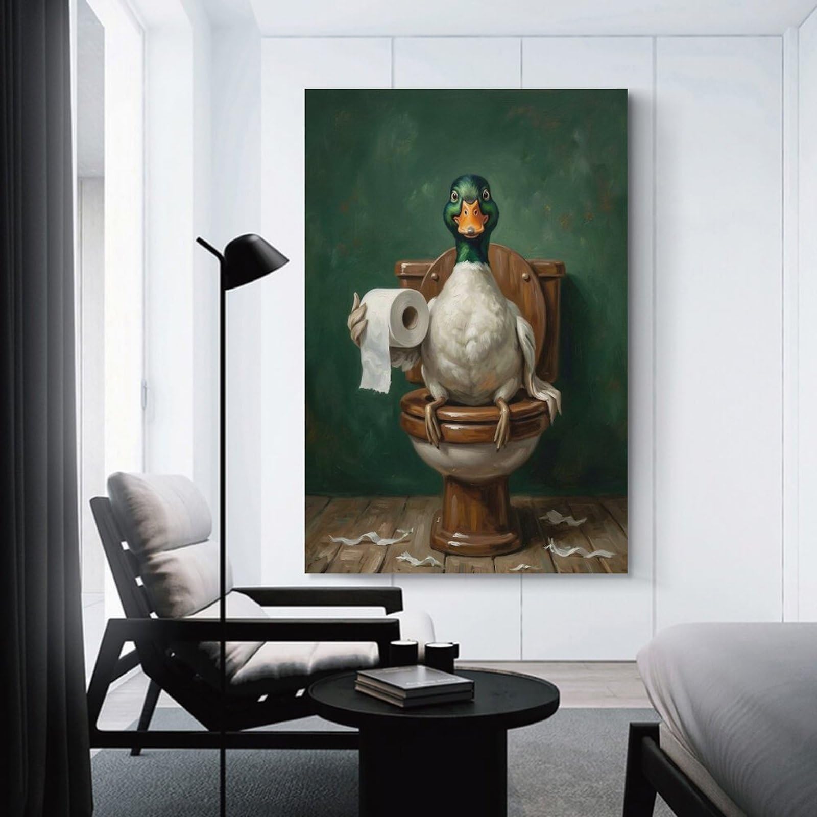 Junmoney Duck on Toilet with Toilet Paper Room Decor Wall Art, 24x36inch(60x90cm), for Living Room, Lounge Or Sitting Room, A Home Accent with Warm Character