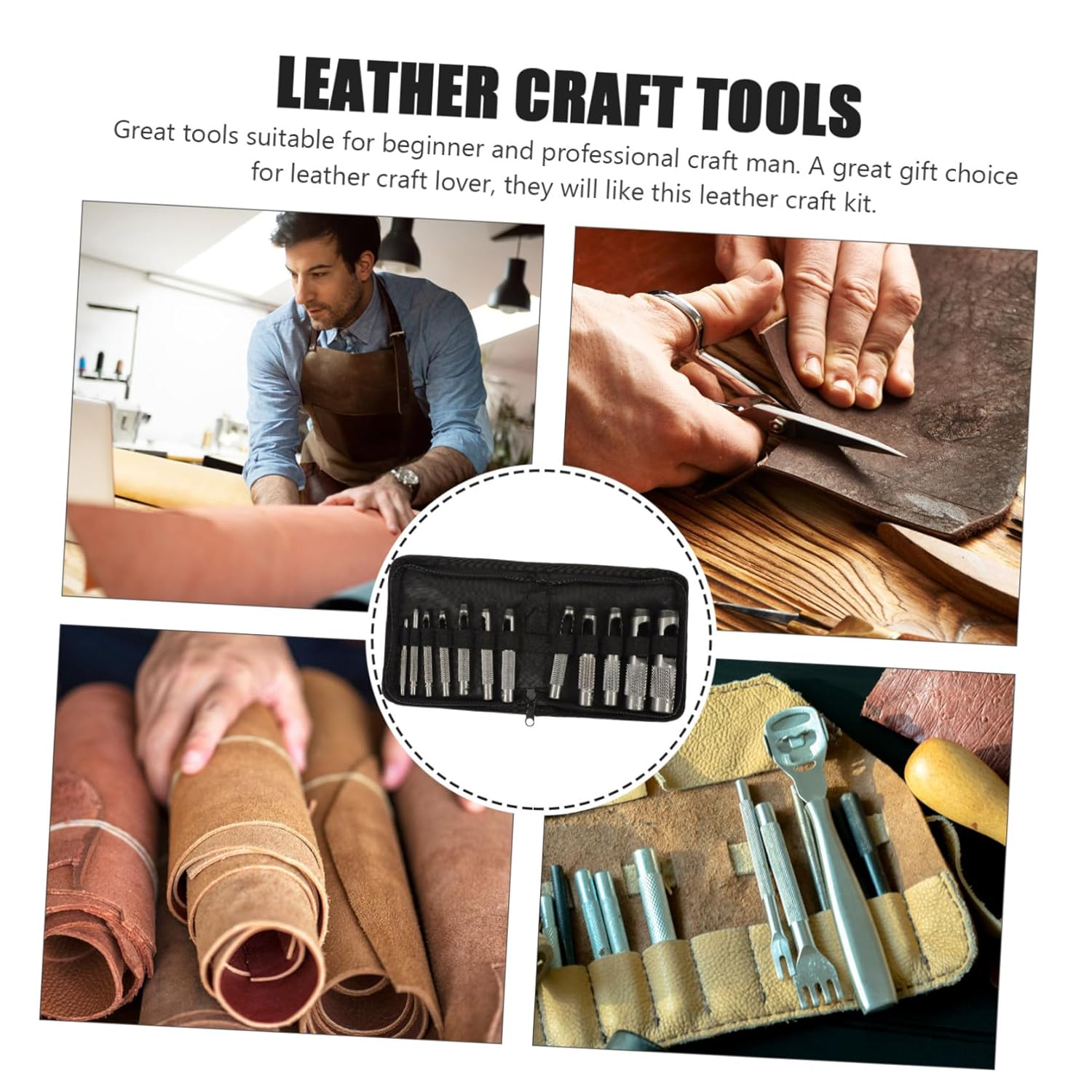 12pcs Leather Hole Punch Tool Set, Belt Hole Cutter with 3-19mm Hollow Punch Sizes, Manual Leather Craft Puncher for DIY Belt and Strap Making