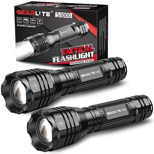 GEARLITE LED Flashlight Extremely Bright 2 Pieces, Aluminum 4000 Lumens LED Flashlight Battery Operated with 5 Modes IP65 Waterproof Hand Lamp Zoomable for Camping, Hiking, Outdoor