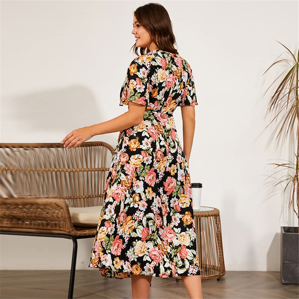 Vsadsau Vestido largo de gasa de verano para mujer, manga corta, cuello en V, talla grande, estampado floral, vestido midi casual