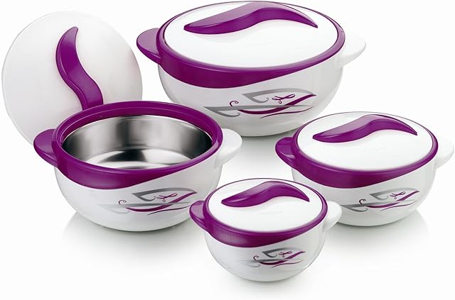 Pinnacle Parisa 4pc Round Heat Insulated Food Storage Hot Pot Casserole Set, White/Purple, 44 x 23.2 x 14.7 cm