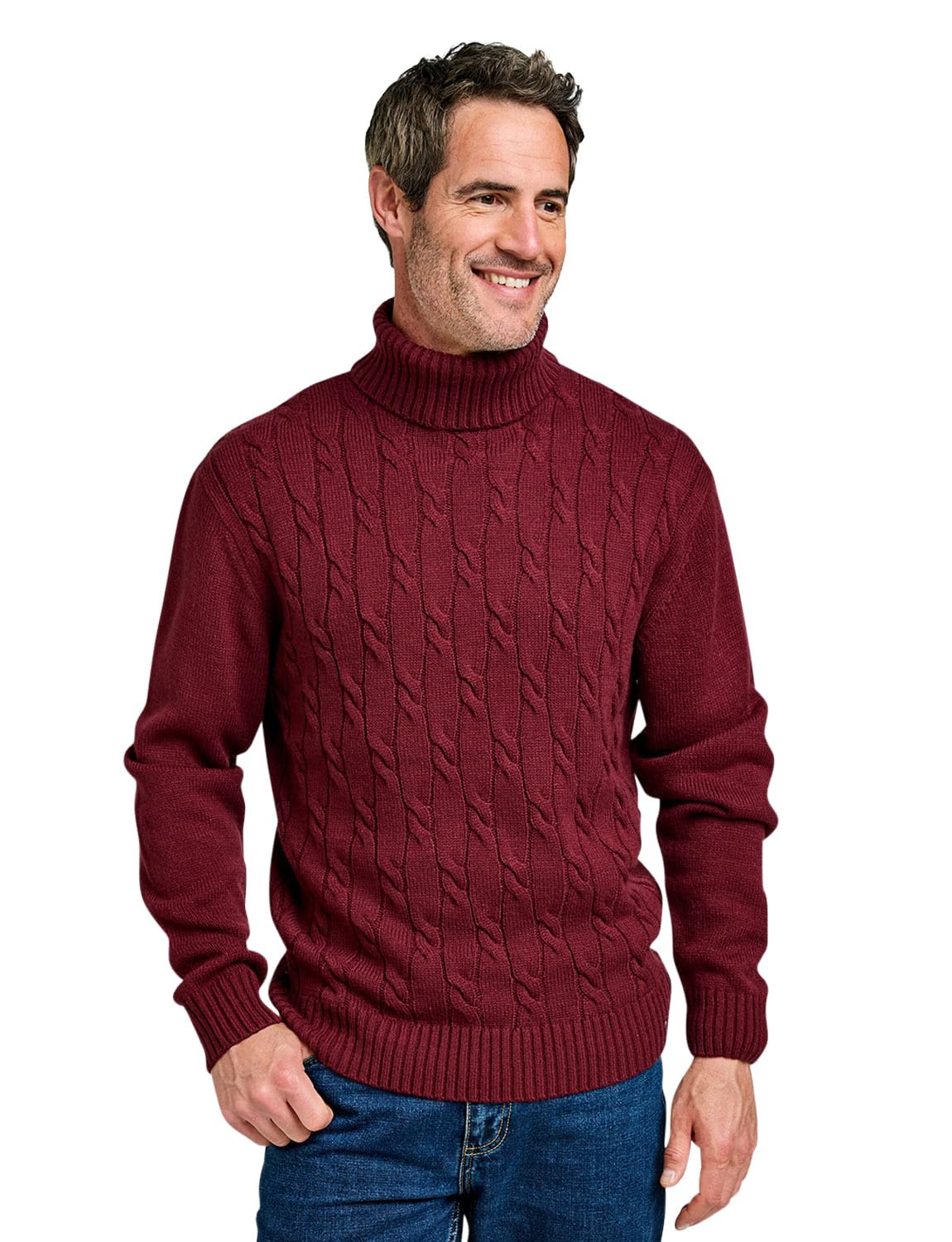 Pegasus Men's Burgundy Cable Roll Neck Jumper Chunky Knit With Classic Roll Neck Collar Soft Handle Acrylic 3XL