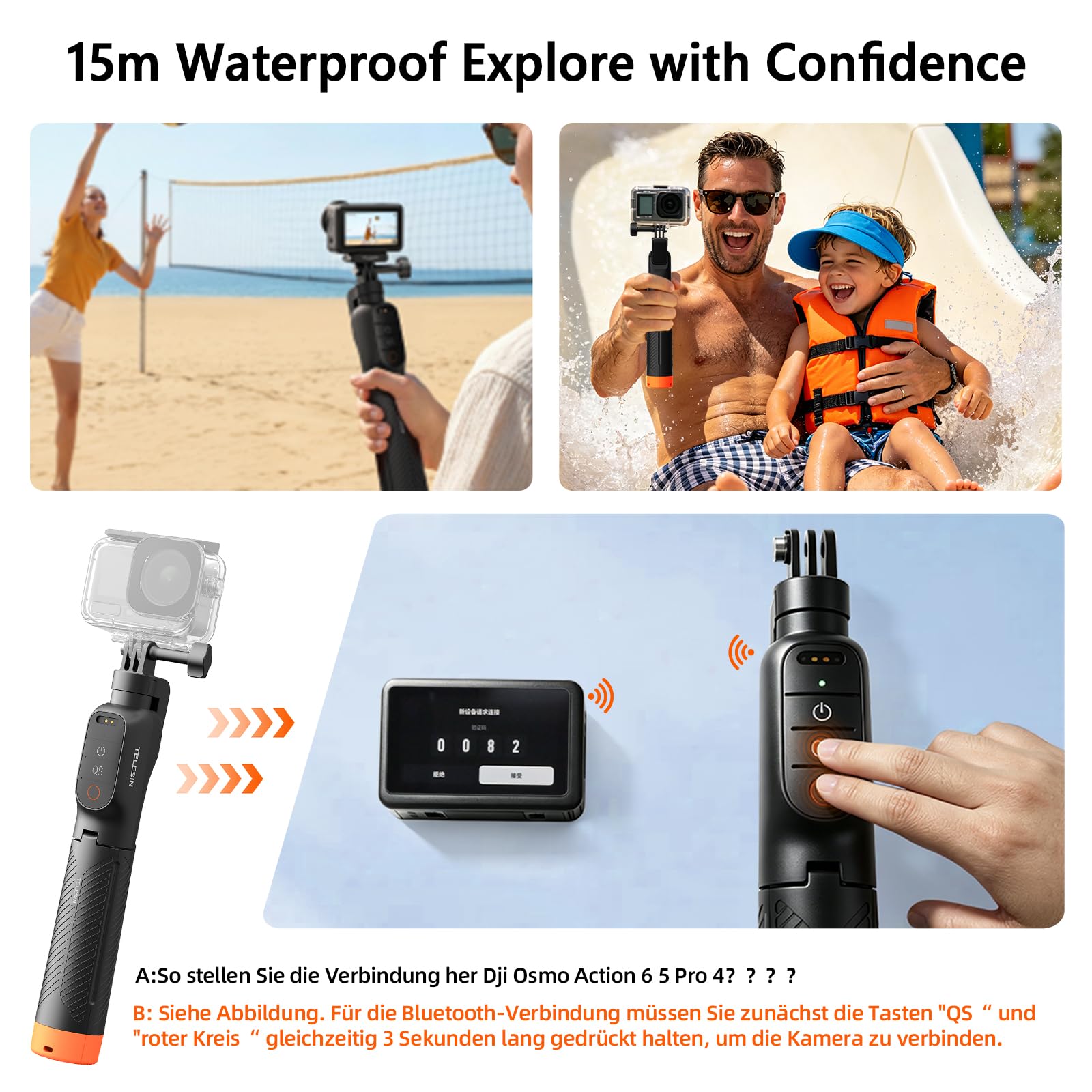 Poignée Flottante pour Selfie - Trépied étanche Extensible avec télécommande Bluetooth - pour caméra d'action DJI Osmo Action 6 5 Pro 4 - avec amplificateur de Signal