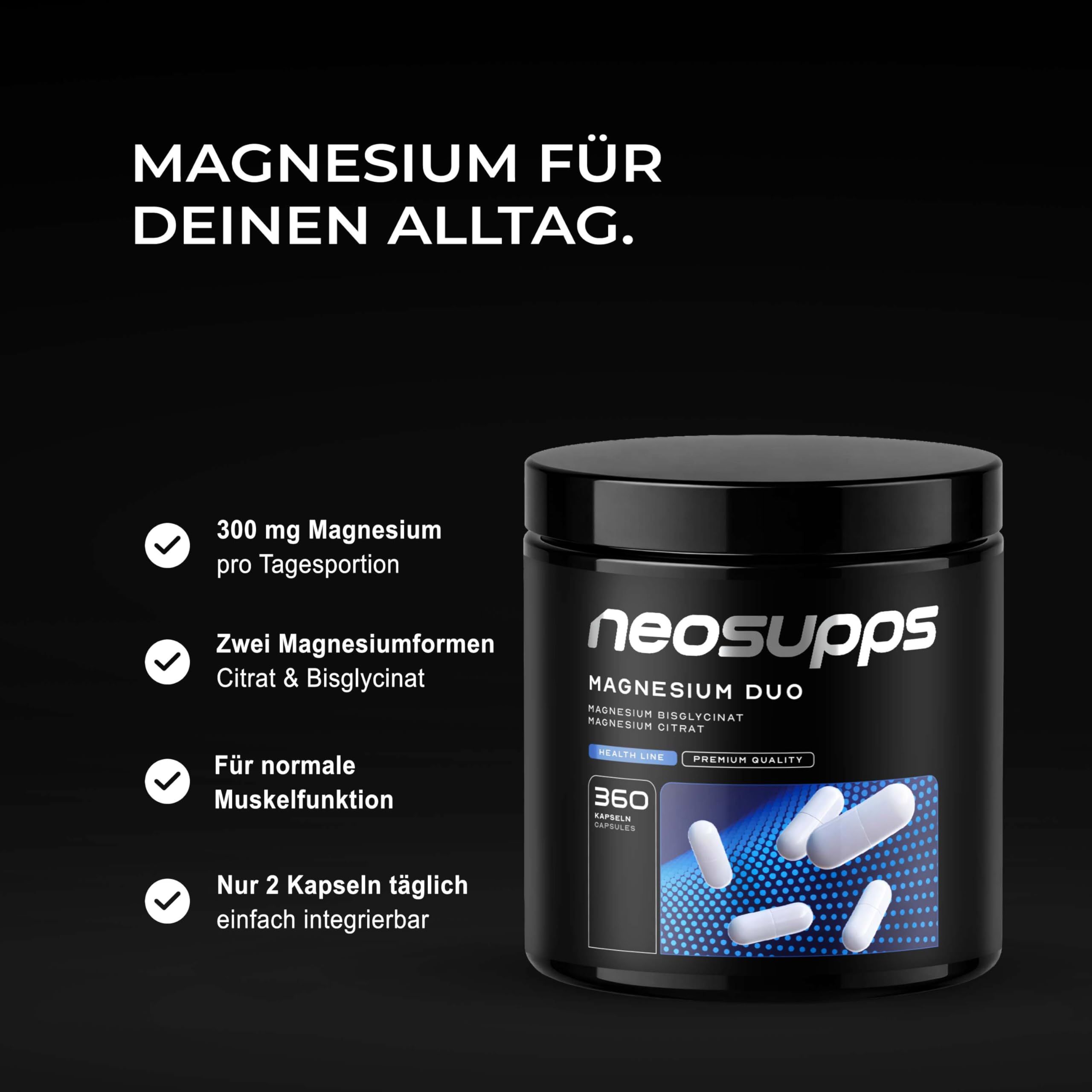 Neosupps Magnesium Duo 360 Kapseln, Bisglycinat Citrat Komplex, Hochdosiertes Nahrungsergänzungsmittel, Bioverfügbarkeit, Unterstützt Muskelkontraktion, Nervensystem und Energiestoffwechsel, Vegan