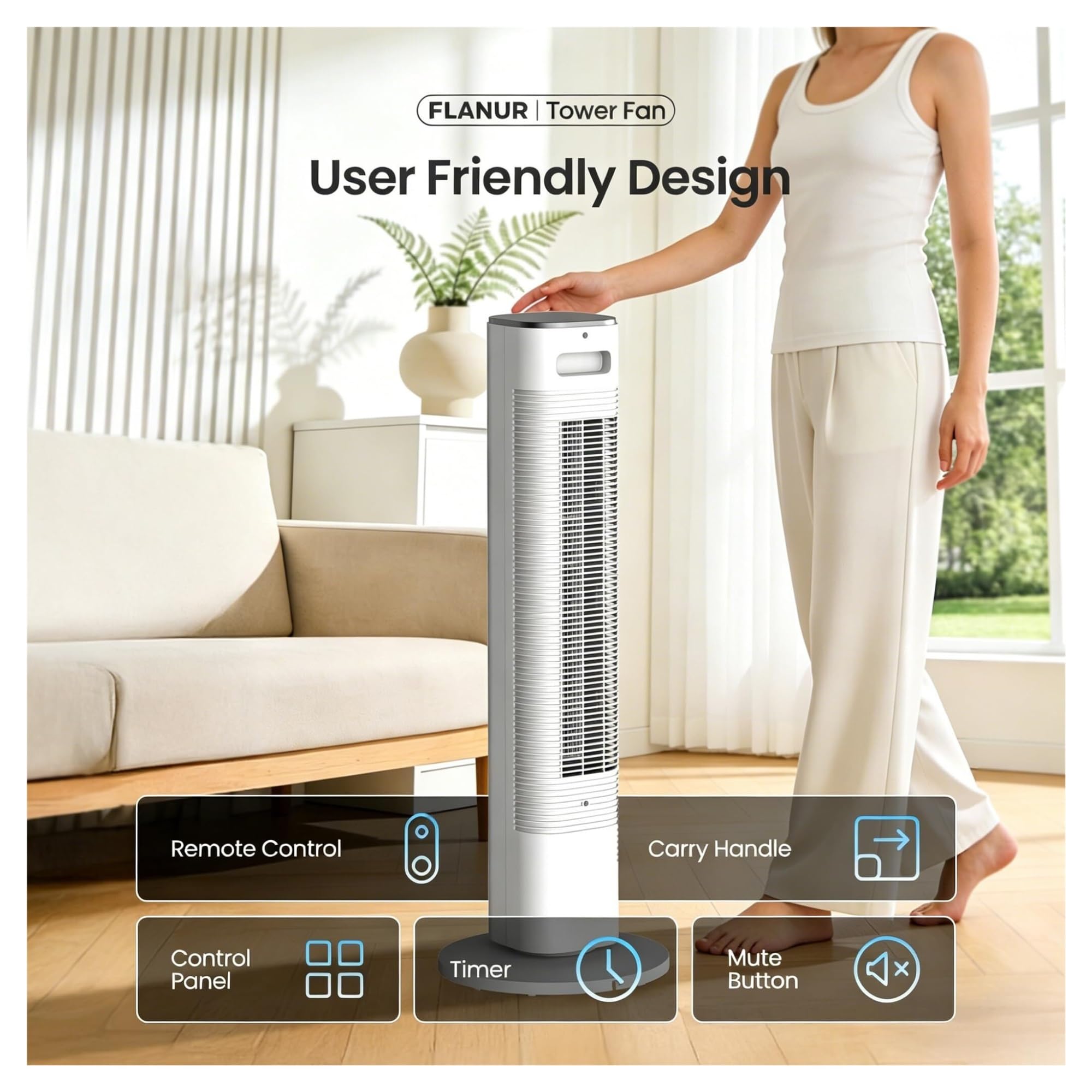 Ventilador de la torre inteligente con el control remoto de la aplicación, 90 diseño oscilante sin cuchillas para la oficina del dormitorio, velocidad del viento de 25 pies/s, modo de suspensión silen