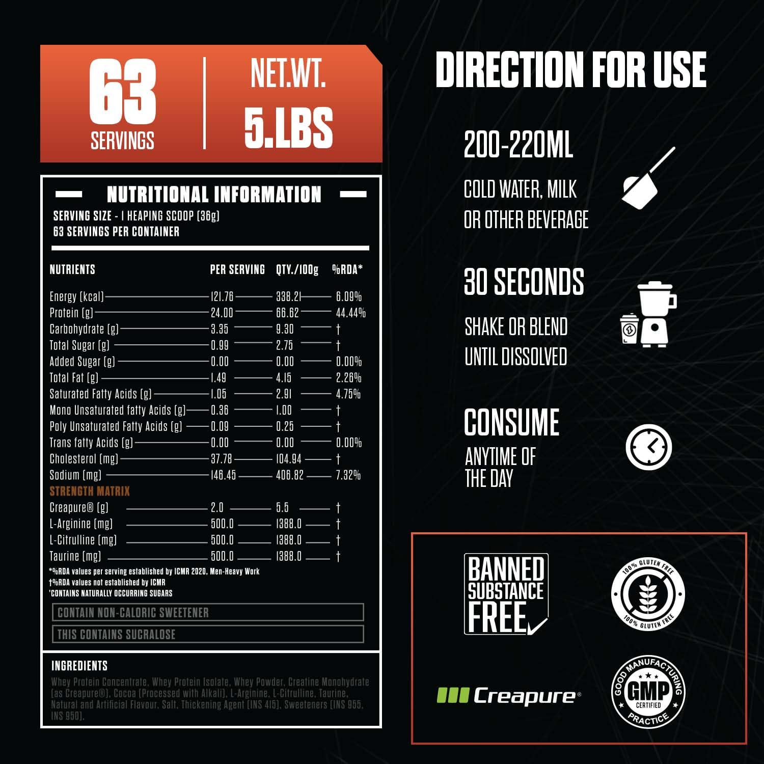 The PR- Power Whey Protein + Strength Matrix | 2.27 Kg | 63 Servings | 24g Protein | 3.5g Strength Matrix | Zero Added Sugar | Extreme Power (Caffe Latte) — Amazon image 3