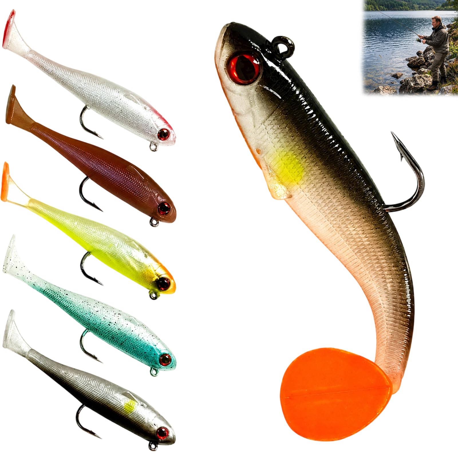 6 Pcs Soft Fishing Lures Kit, Perch Lures and Jig Heads, Soft Lures Six Colour Selection, Realistic Bass Lures for Pike, Perch, Zander, Sea Bass and Trout