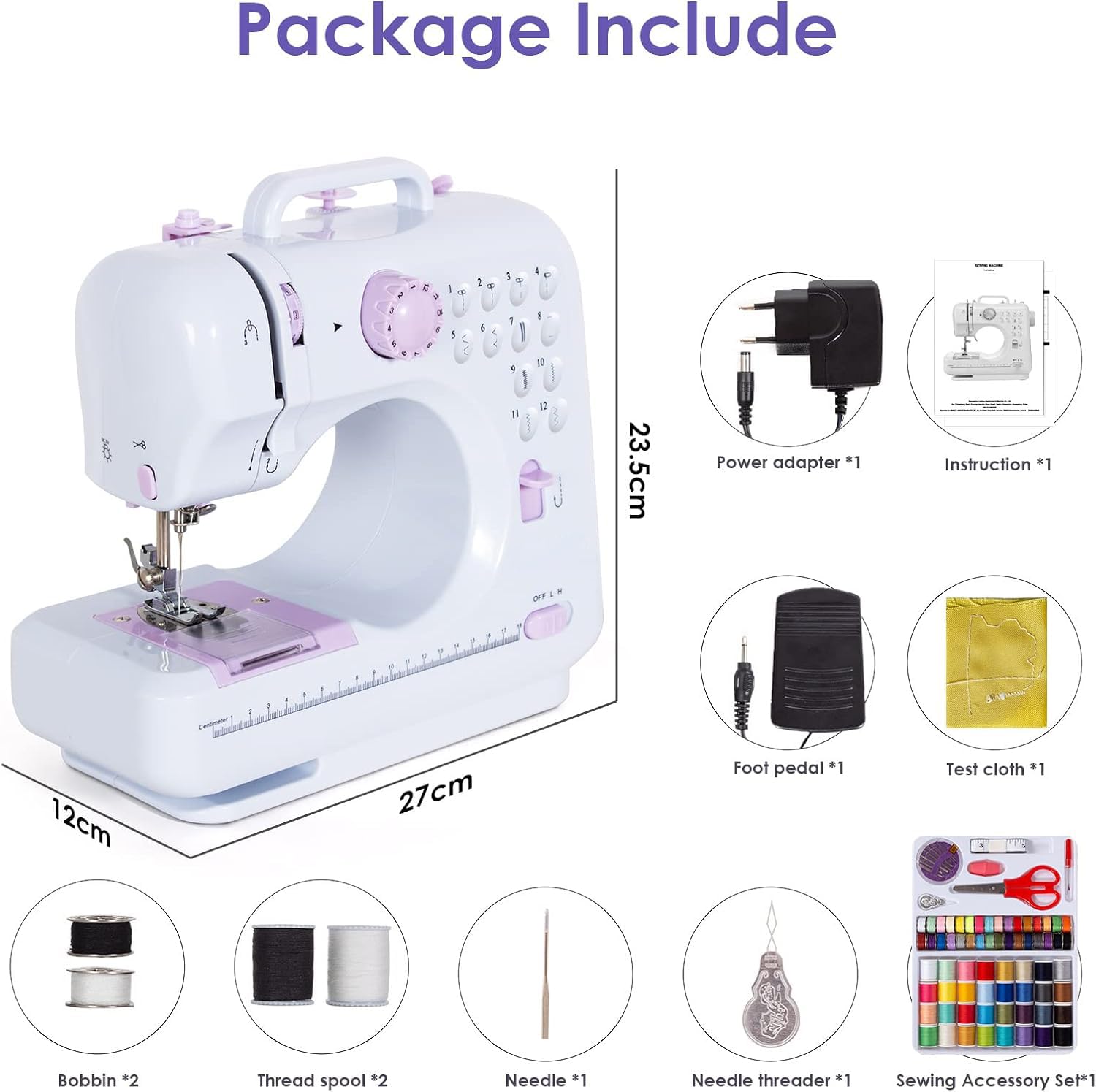 Todeco - Máquina de coser portátil con cajón, máquina de coser para principiantes con 12 programas de costura con kit de costura y pedales, color morado