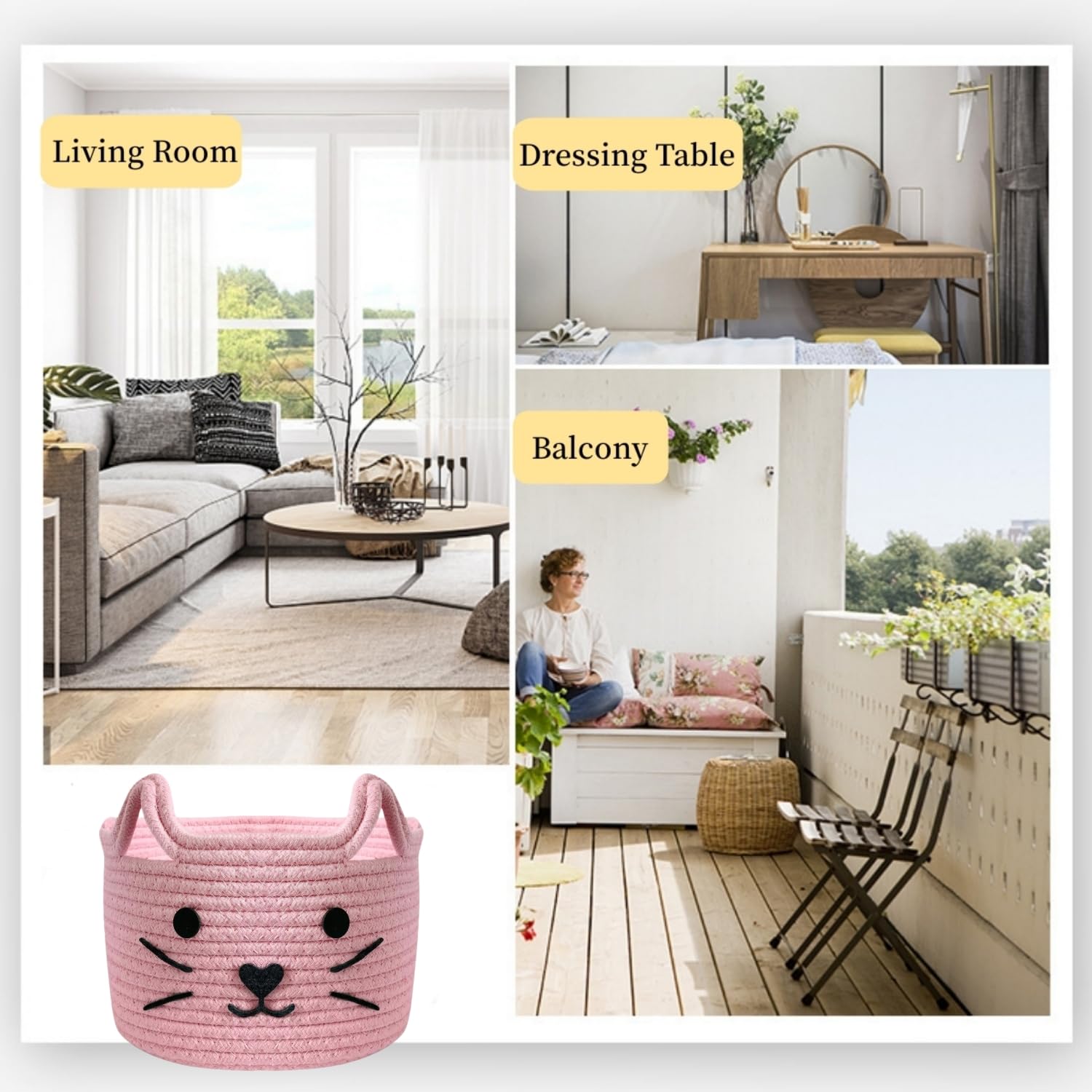 Tokaneit Joli Panier de Rangement Tissé en Forme D'animal, Panier en Corde de Coton Mignon, Panier de Rangement Tressé en Coton, Convient pour Le Rangement de La Chambre et du Salon (Rose)