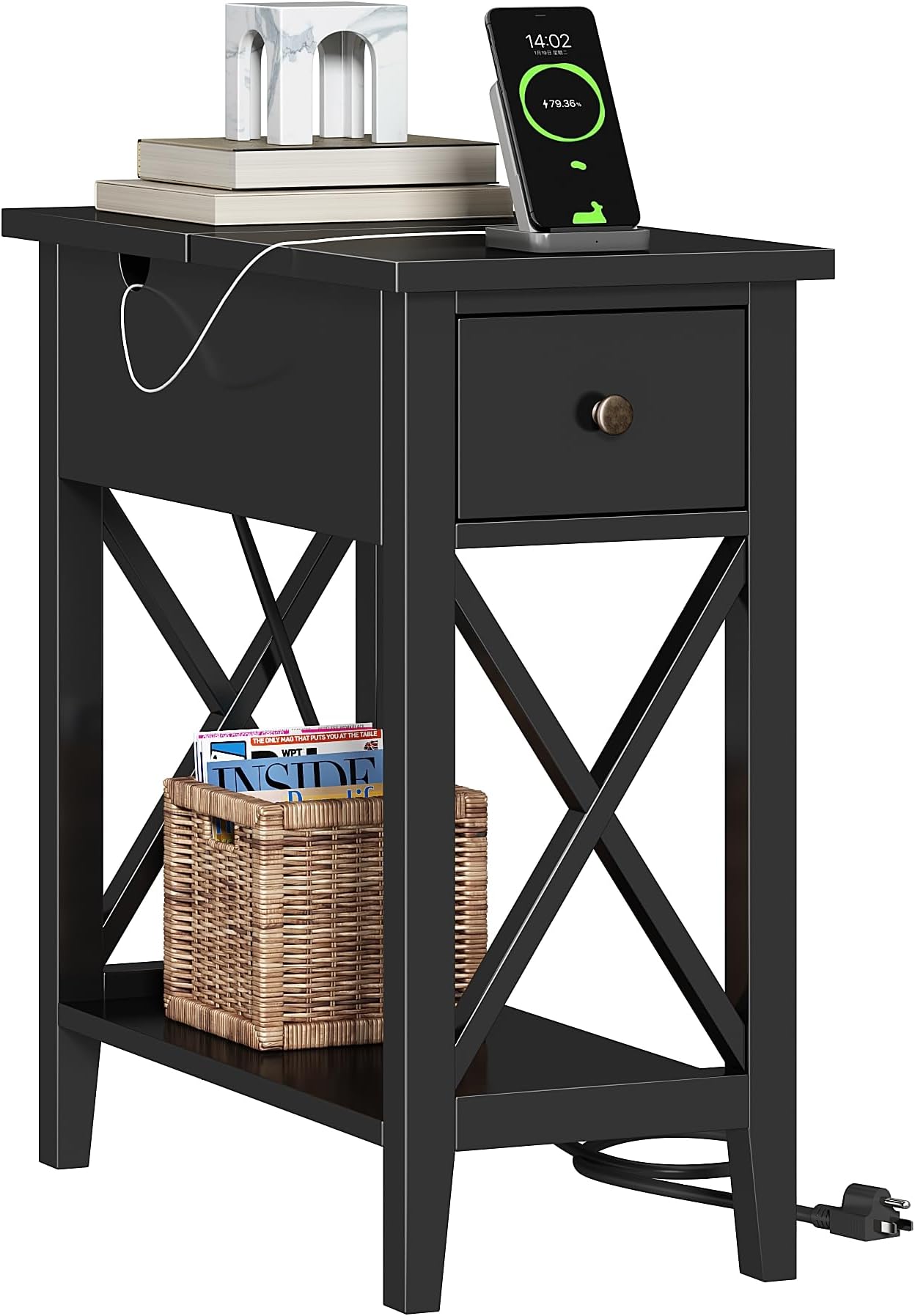 End Table with Charging Station, Narrow Side Table with USB Ports and Outlets, Nightstand with Drawer, for Small Spaces, Bedside Tables for Living Room, Black