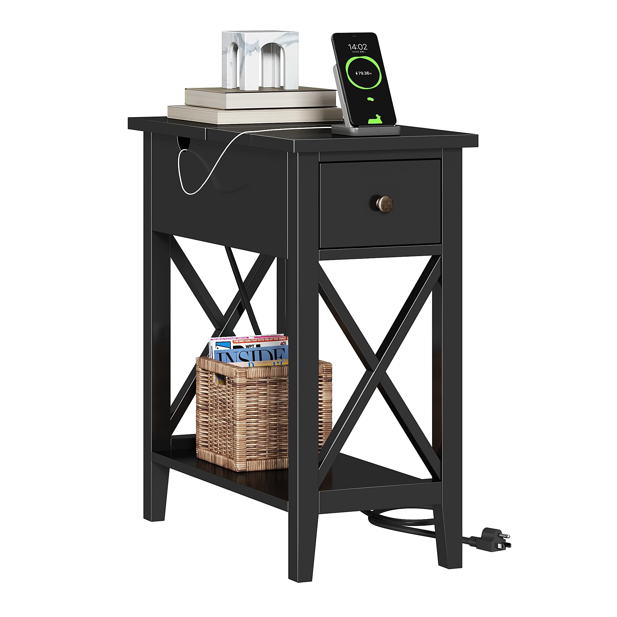 ChooChoo End Table with Charging Station, Narrow Side Table with USB Ports and Outlets, Nightstand with Drawer, for Small Spaces, Bedside Tables for Living Room Black