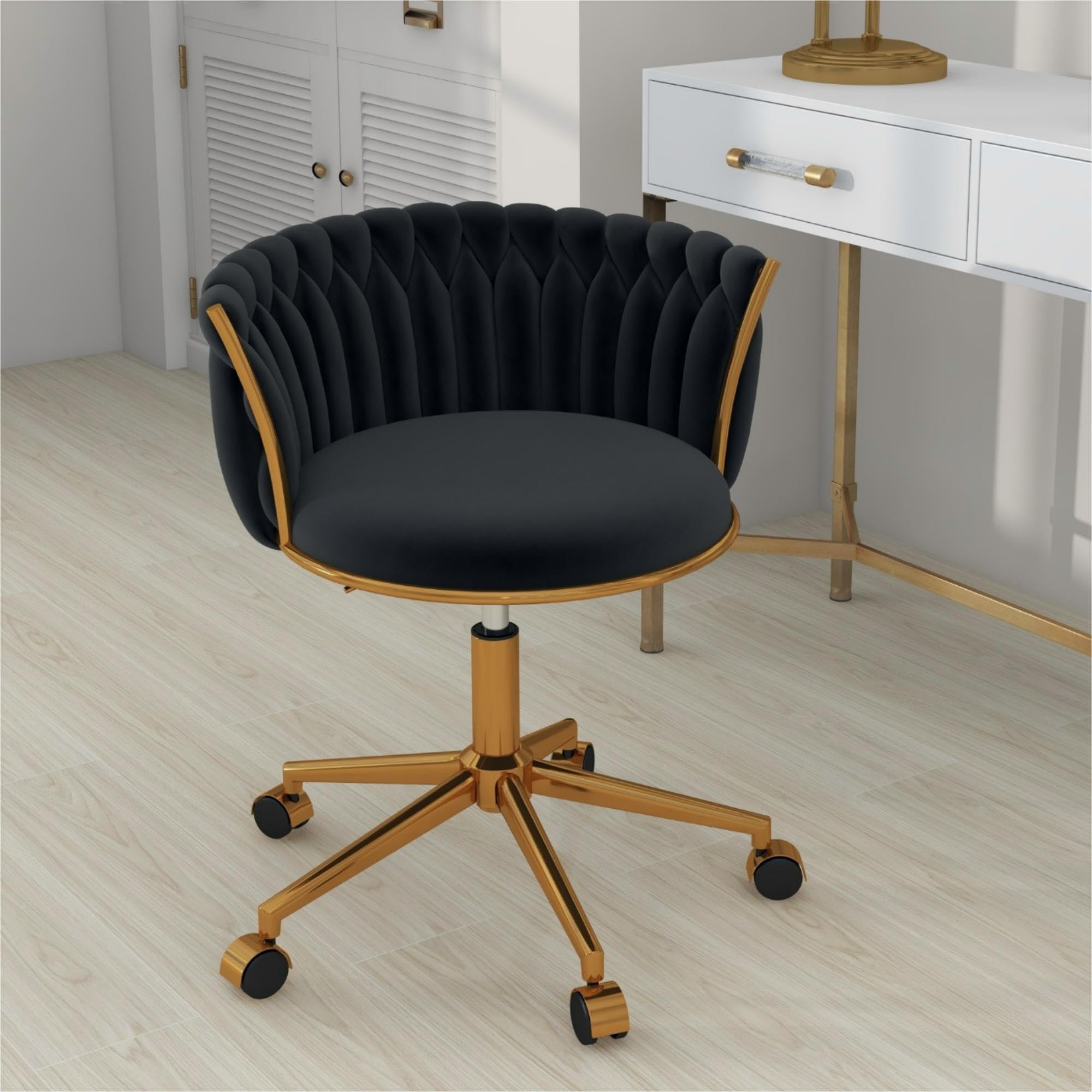 ABET Vanity Chair with Wheels, Small Velvet Office Desk Chair, Hand Woven Semi-Circle Makeup Stools for Girls Women Bedroom Nail Table, 360° Swivel &