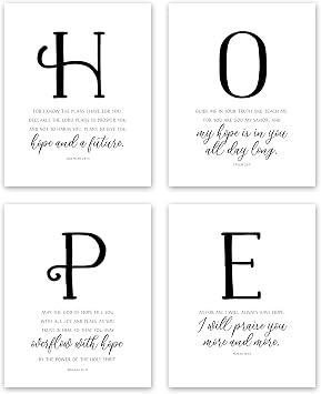 HOPE Scripture Prints Set of 4, Bible Verse Wall Art, 8x10 Unframed | Black and white calligraphy for living room, bedroom, or office, inspirational religious home decor