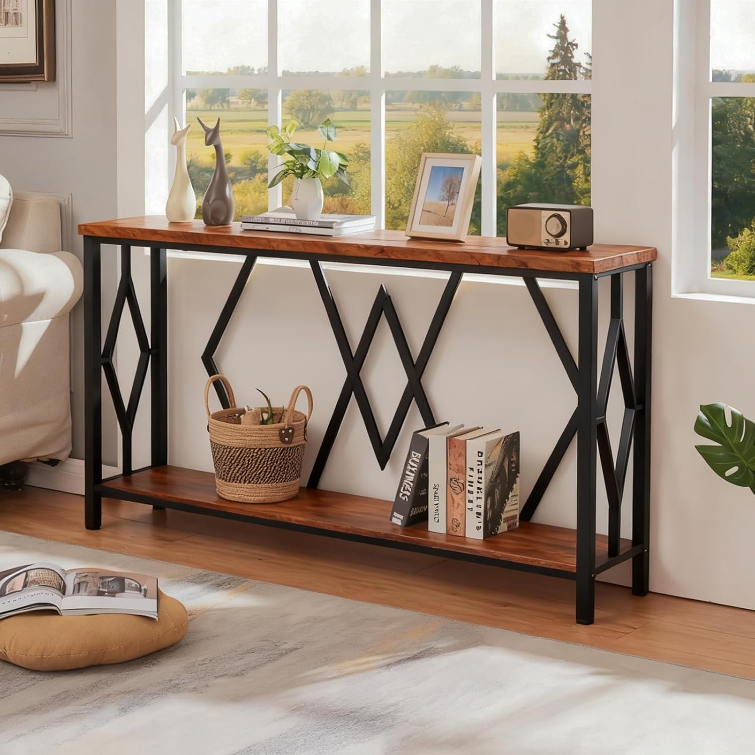 HOMISSUE Entryway Console Table, Rustic Sofa Table with Wide Storage, Engineered Wood Entryway Tables with 2 Tier Shelves, Long Sofa Table for Living Room, Hallway (55 Inch, Brown)