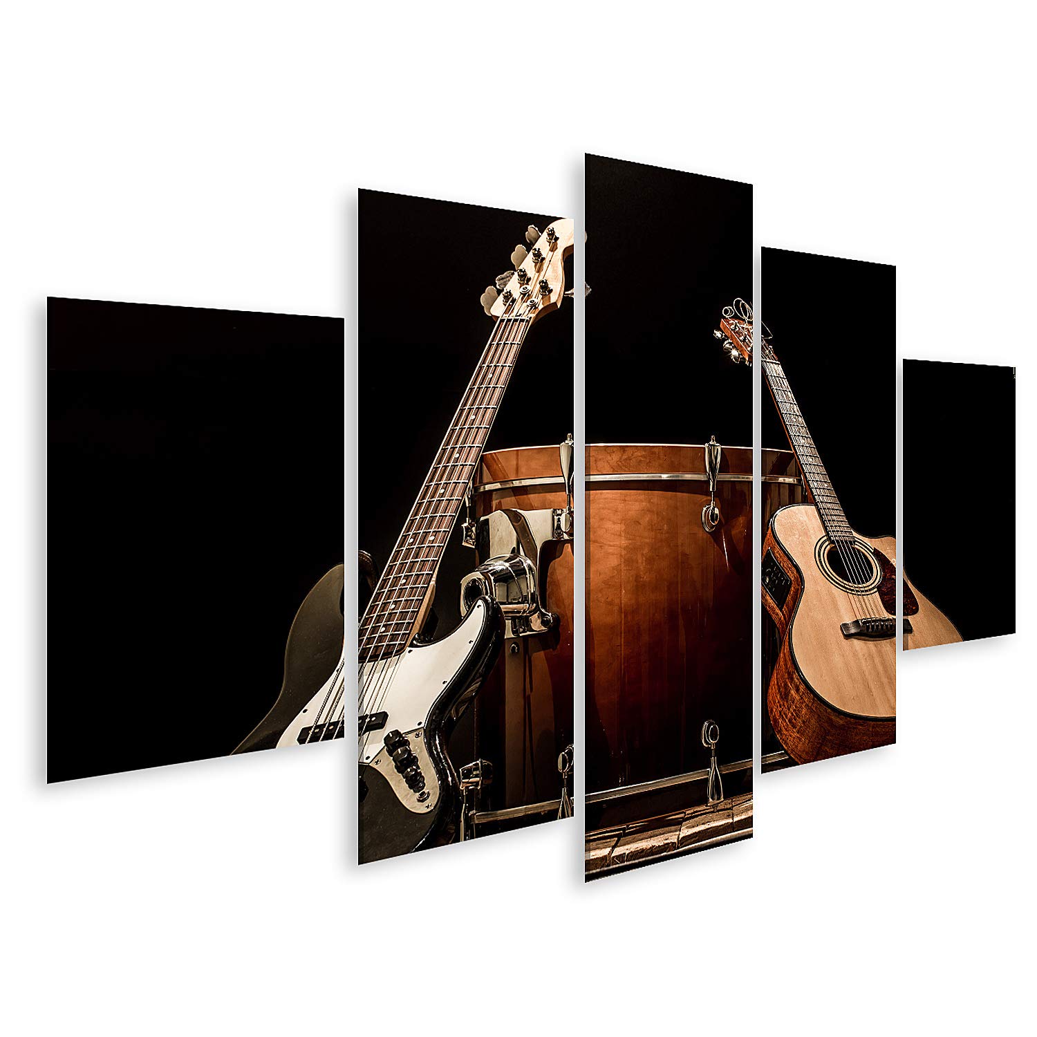 islandburner Quadro su tela Strumenti musicali Bass Drum Barrel Chitarra acustica Basso Nero Sfondo Concetto di musica Stampe Arte Poster Murale