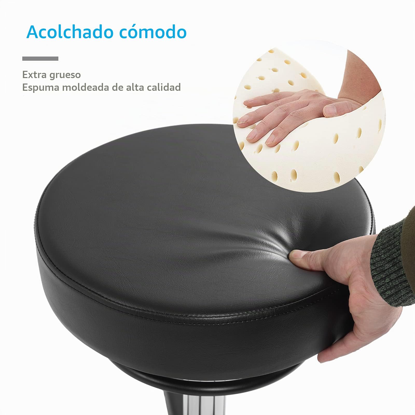 Taburete rodante regulable en altura con ruedas - 50-62cm，cargable hasta 180 kg taburete de trabajo，360° taburete giratorio taburete para salón y spa,hecho de cuero taburete (Black)