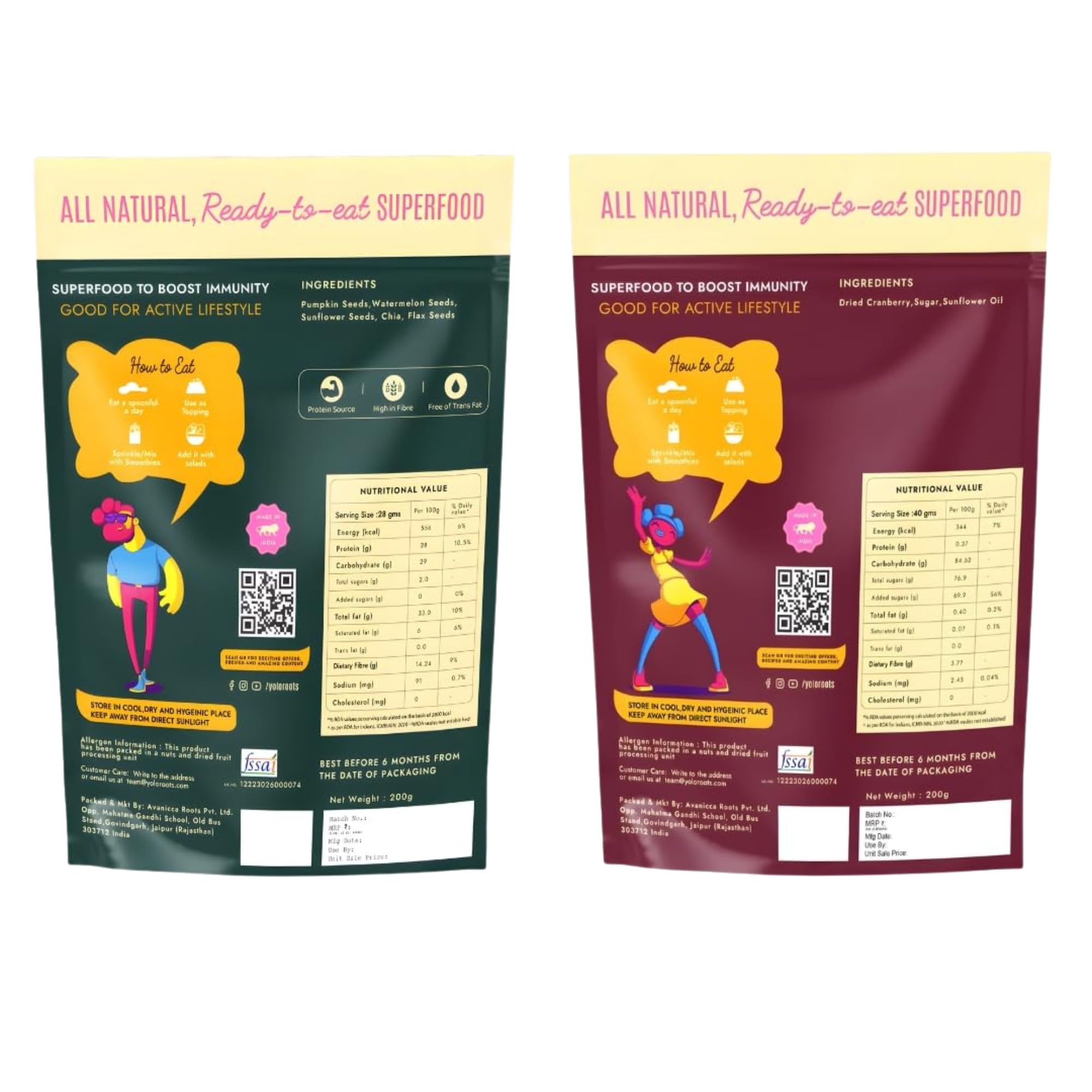 Yolo Roots 5-in-1 Mixed Seeds & Dried Cranberries Combo | Healthy Superfood Snack | Protein & Fiber Rich Seeds with Sweet Cranberries (Pack of 2)
