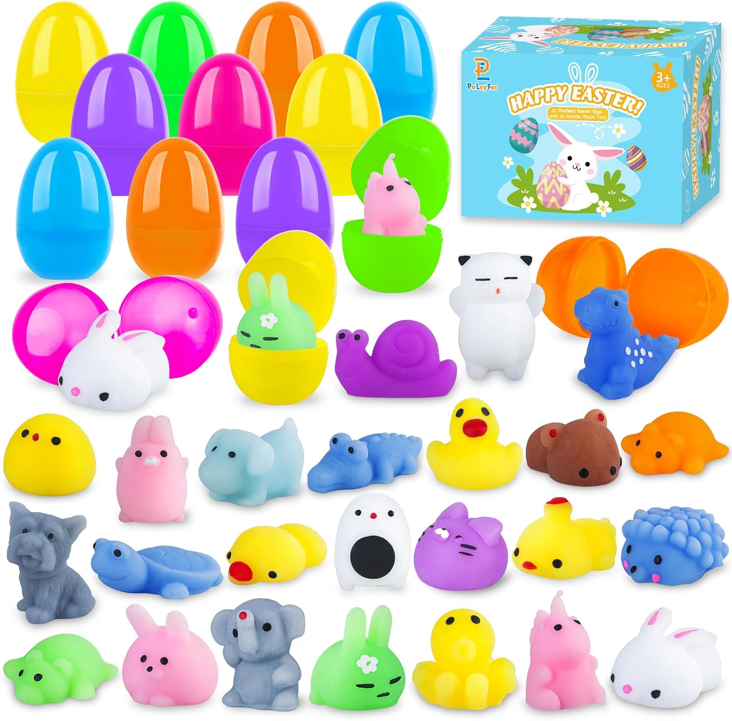 24 Pack Prefilled Easter Eggs with Squishy Animals Toys Inside for Kids, Easter Basket Stuffers Fillers Mochi Stress Relief Toys for Easter Hunt, Party Favor, Easter Gifts, Classroom Prizes