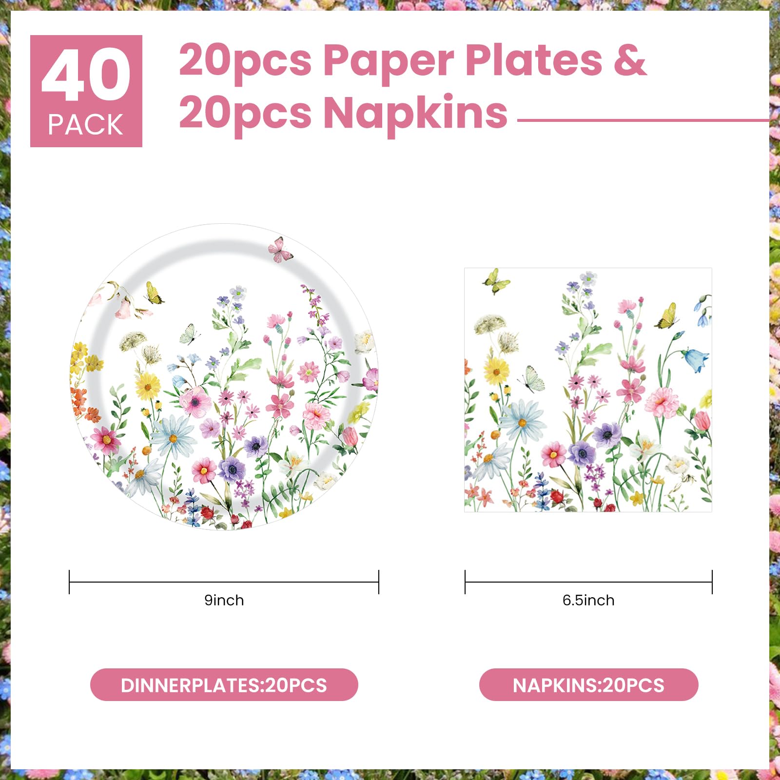 40 Pcs Wildflower Plates and Napkins Party Supplies, Floral Paper Plates Napkins Wildflower Baby Shower Decorations Tableware for Spring Summer Picnic Wedding Birthday Tea Party Serves 20