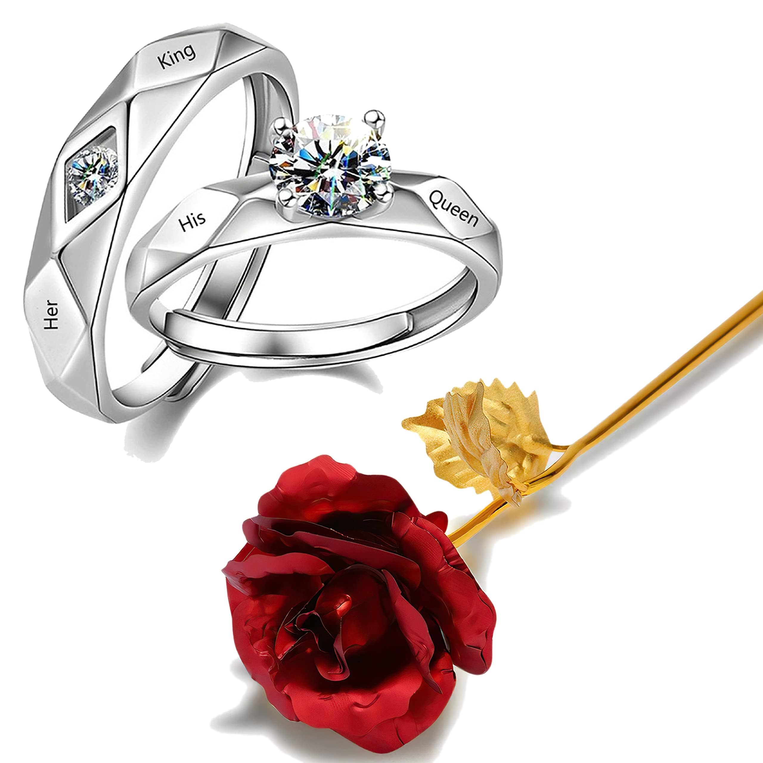 Valentine Gift For Girlfriend Boyfriend Silver Couple Ring For Women Girls Men Love Gift 24K Gold Rose His Her King Queen Ring-image-33