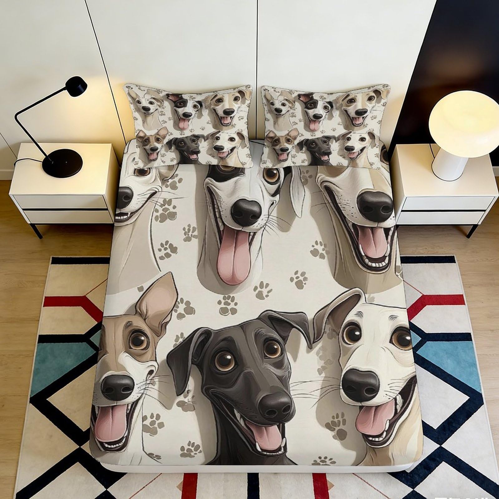 3D Printed Cartoon Greyhound Dogs Fitted Sheet Microfiber Soft Mattress Cover Bedroom Decor Anti-Slip Washable 160x200x25cm