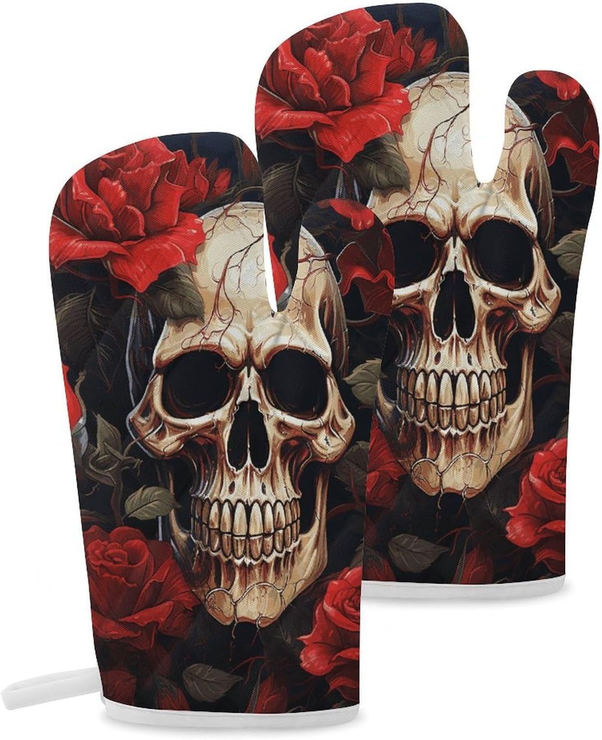 2 Pcs Oven Mitts Heat Resistant Kitchen Gloves Soft Safety Skull Rose-Red Oven Glove for Microwave, Barbecue